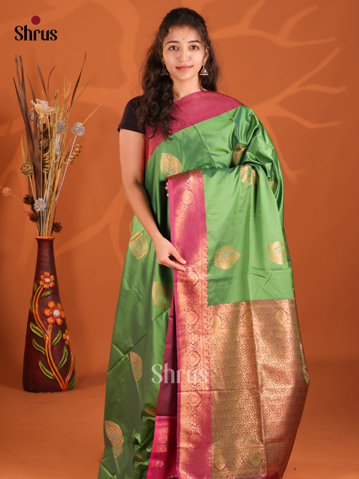 Green & Maroon - Semi Softsilk Saree - Shop on Shrus.com