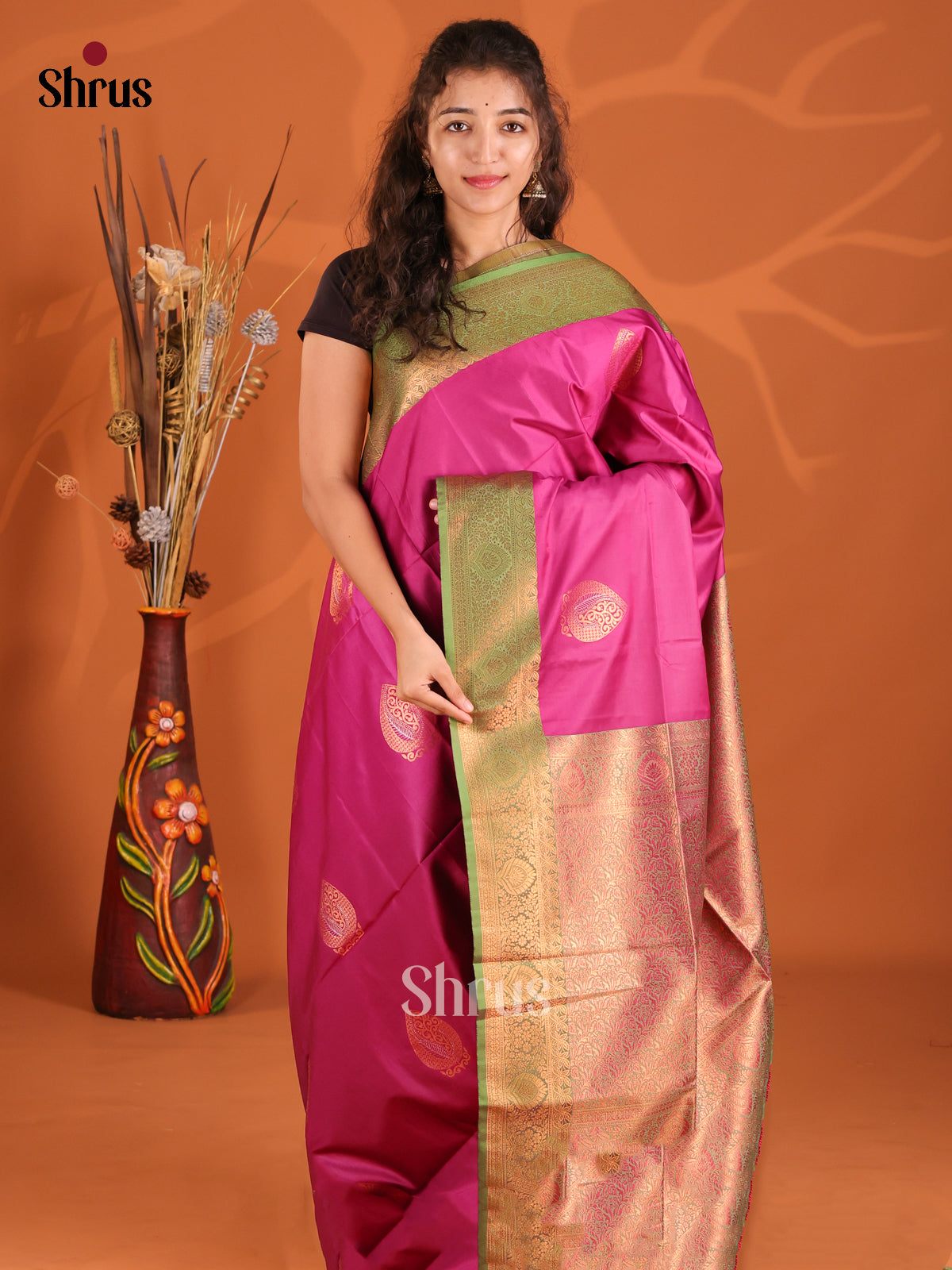 Majenta Pink & Green - Semi Softsilk Saree - Shop on Shrus.com