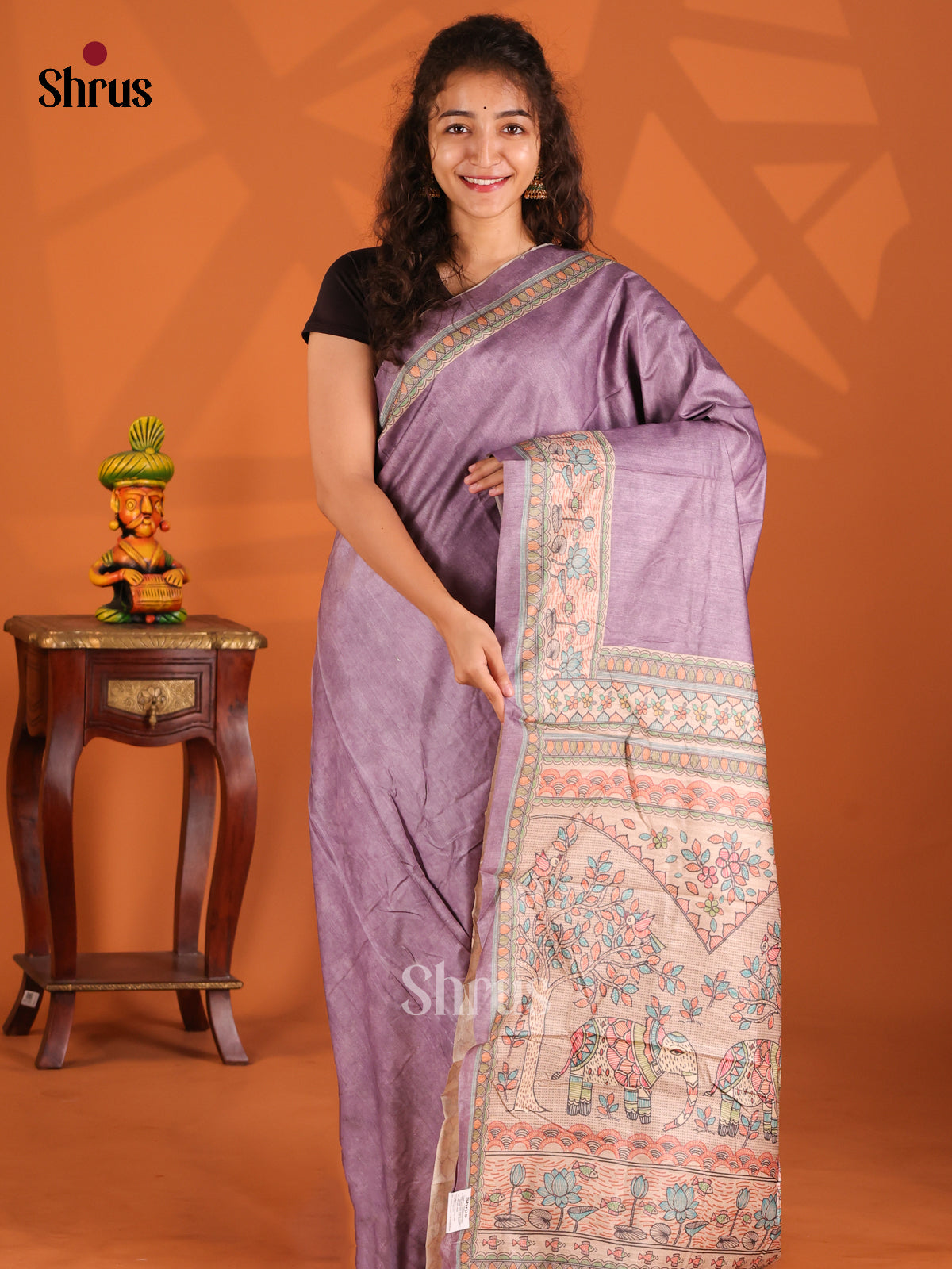 Lavender & Cream- Printed Madhubani Saree - Shop on Shrus.com