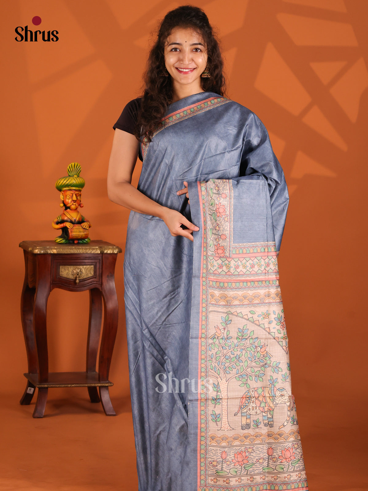 Blue & Cream- Printed Madhubani Saree - Shop on Shrus.com