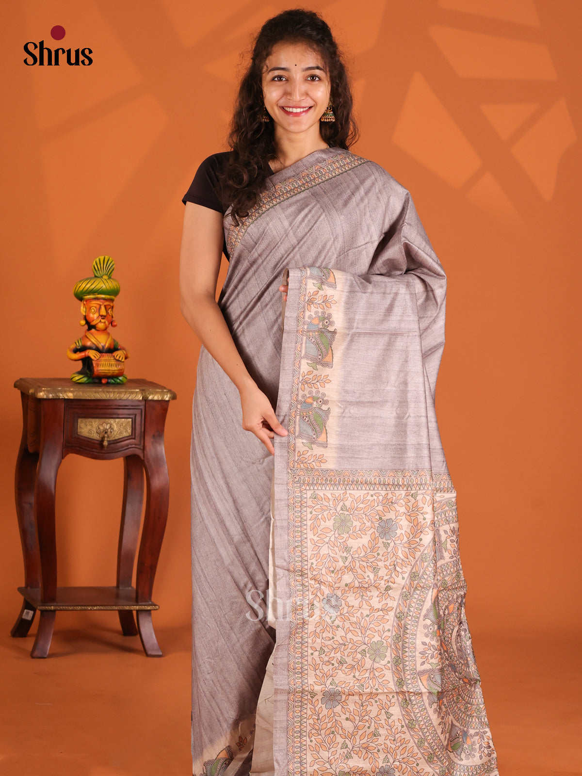 Grey & Cream- Printed Madhubani Saree - Shop on Shrus.com