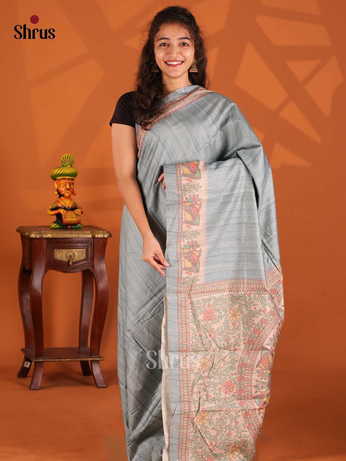 Grey & Cream- Printed Madhubani Saree - Shop on Shrus.com