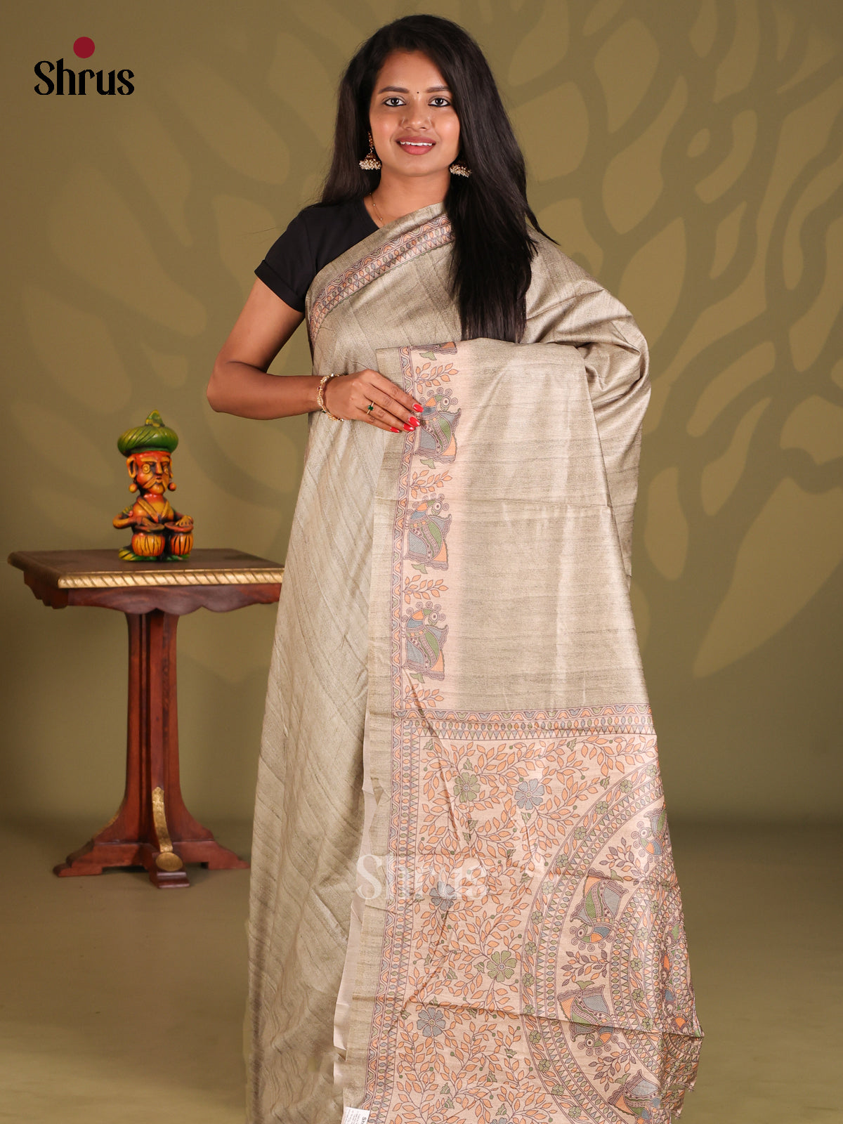 Grey & Cream - Printed Madhubani Saree - Shop on Shrus.com