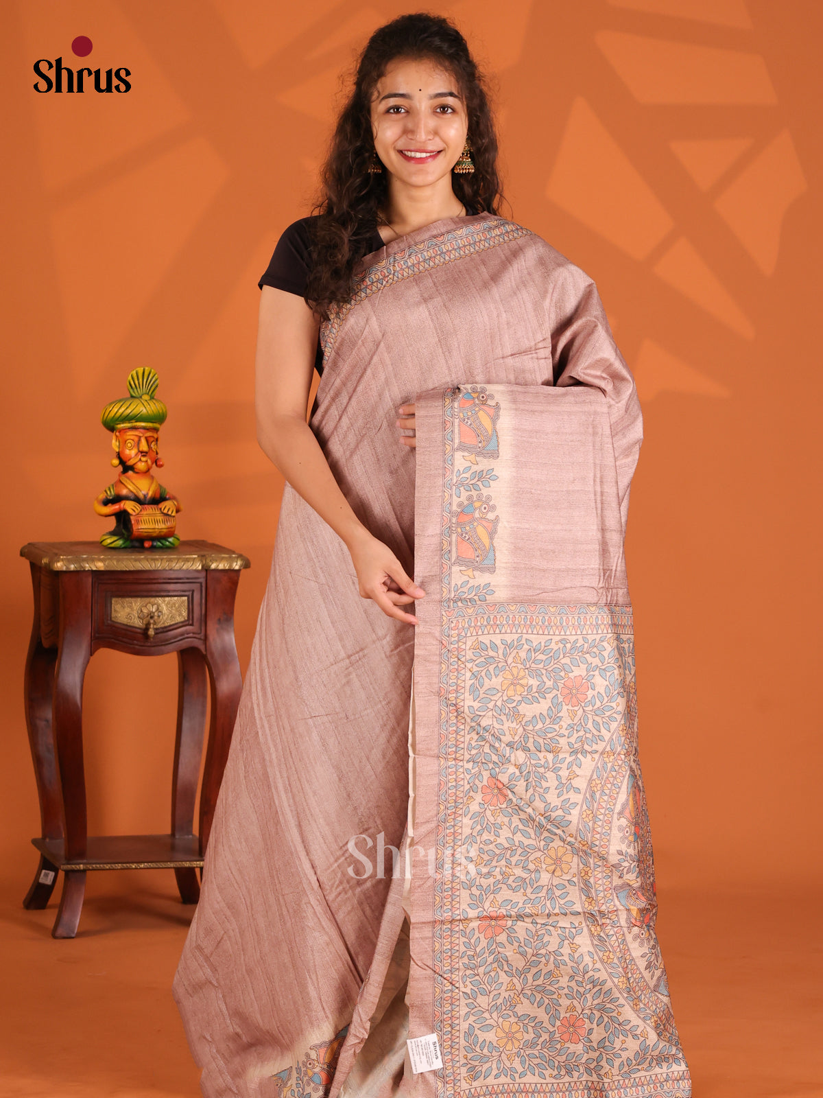 Dusty Pink & Cream- Printed Madhubani Saree - Shop on Shrus.com