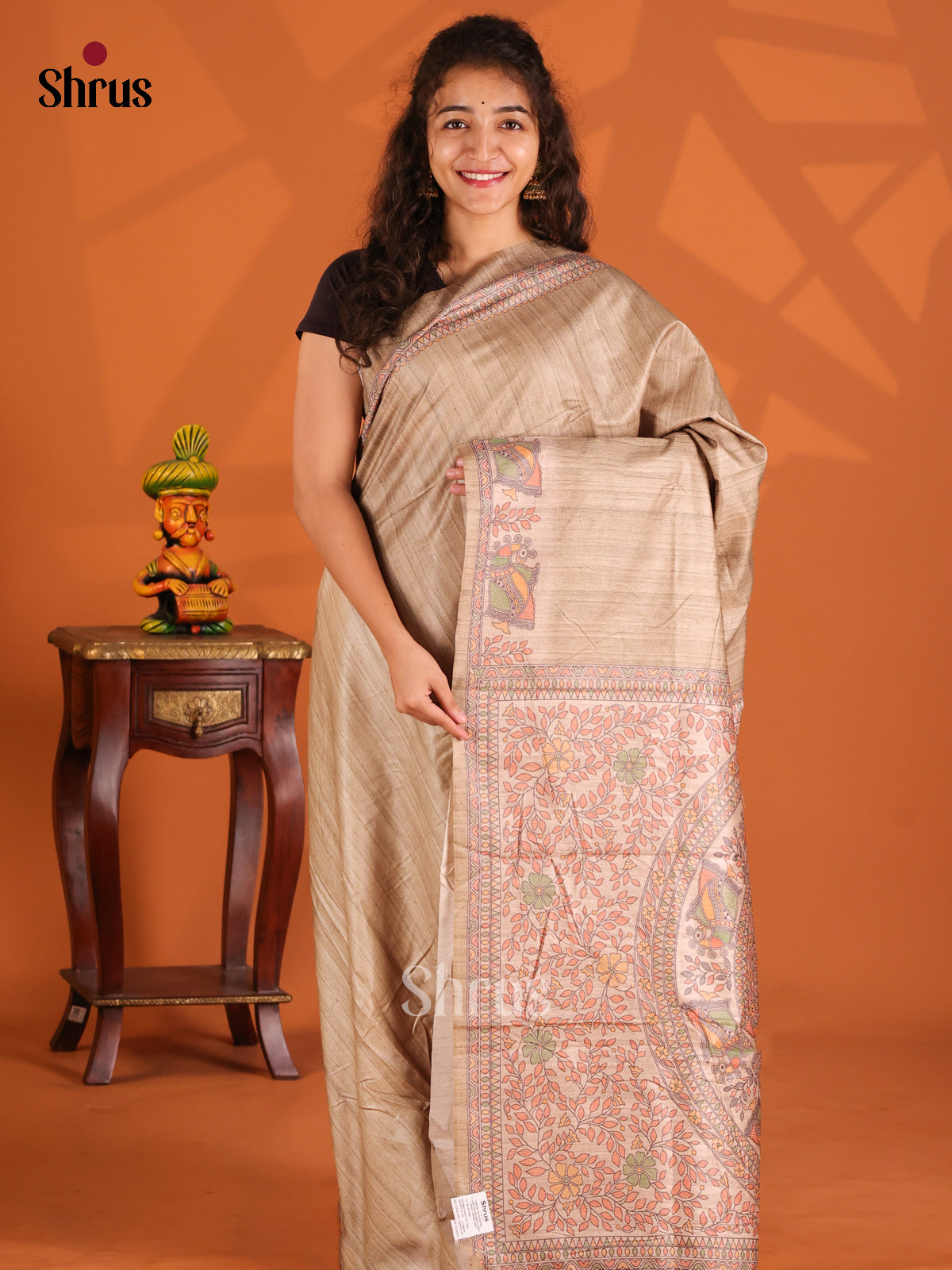 Dusty Brown & Cream - Printed Madhubani Saree - Shop on Shrus.com