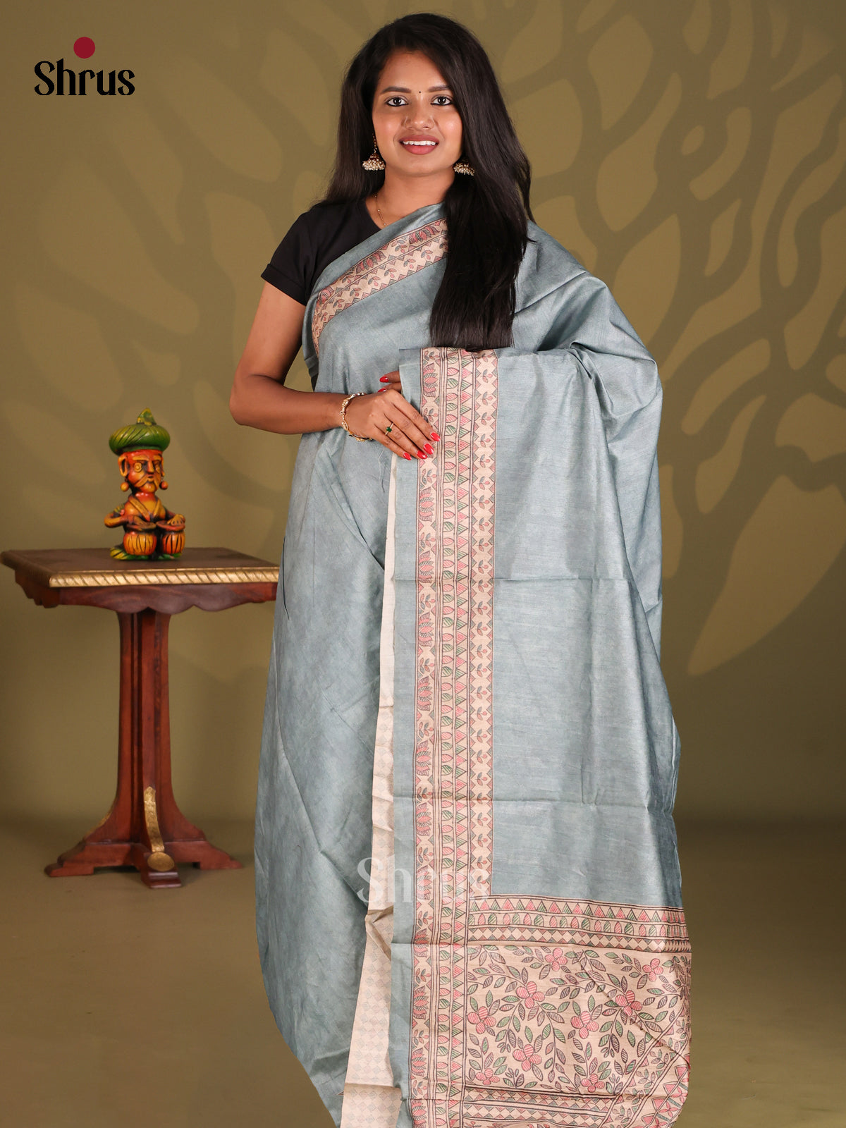 Blue & Cream- Printed Madhubani Saree - Shop on Shrus.com