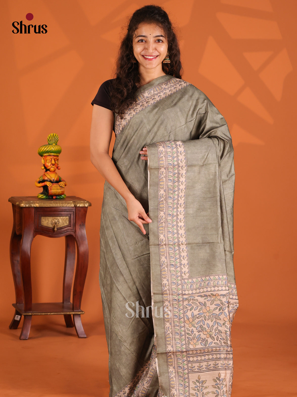 Grey Green & Cream - Printed Madhubani Saree - Shop on Shrus.com