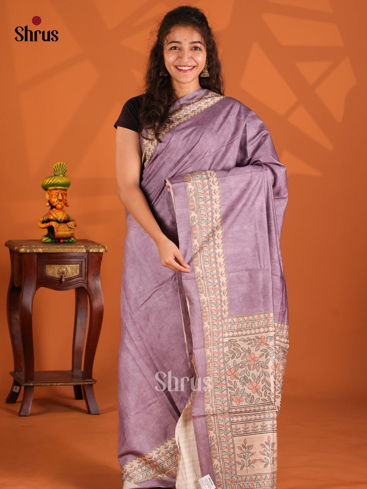 Lavender & Cream- Printed Madhubani Saree - Shop on Shrus.com