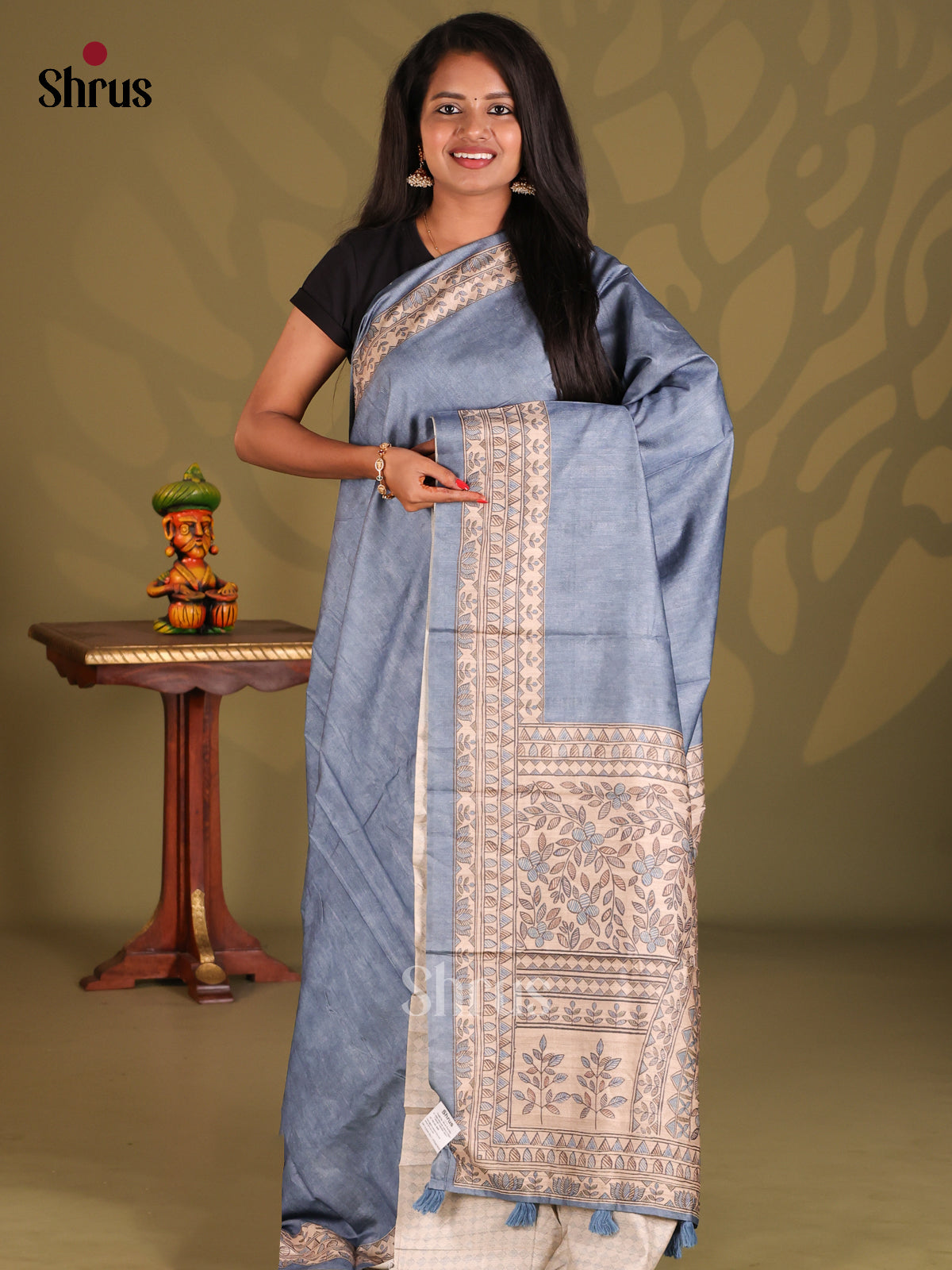 Blue & Cream- Printed Madhubani Saree - Shop on Shrus.com