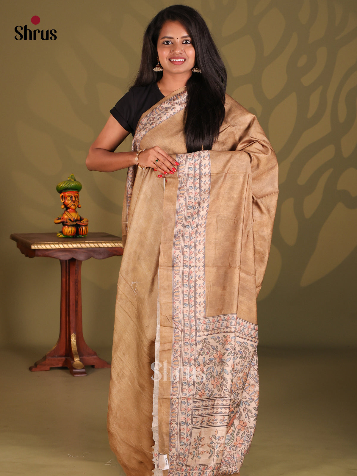 Lite Brown & Cream - Printed Madhubani Saree - Shop on Shrus.com