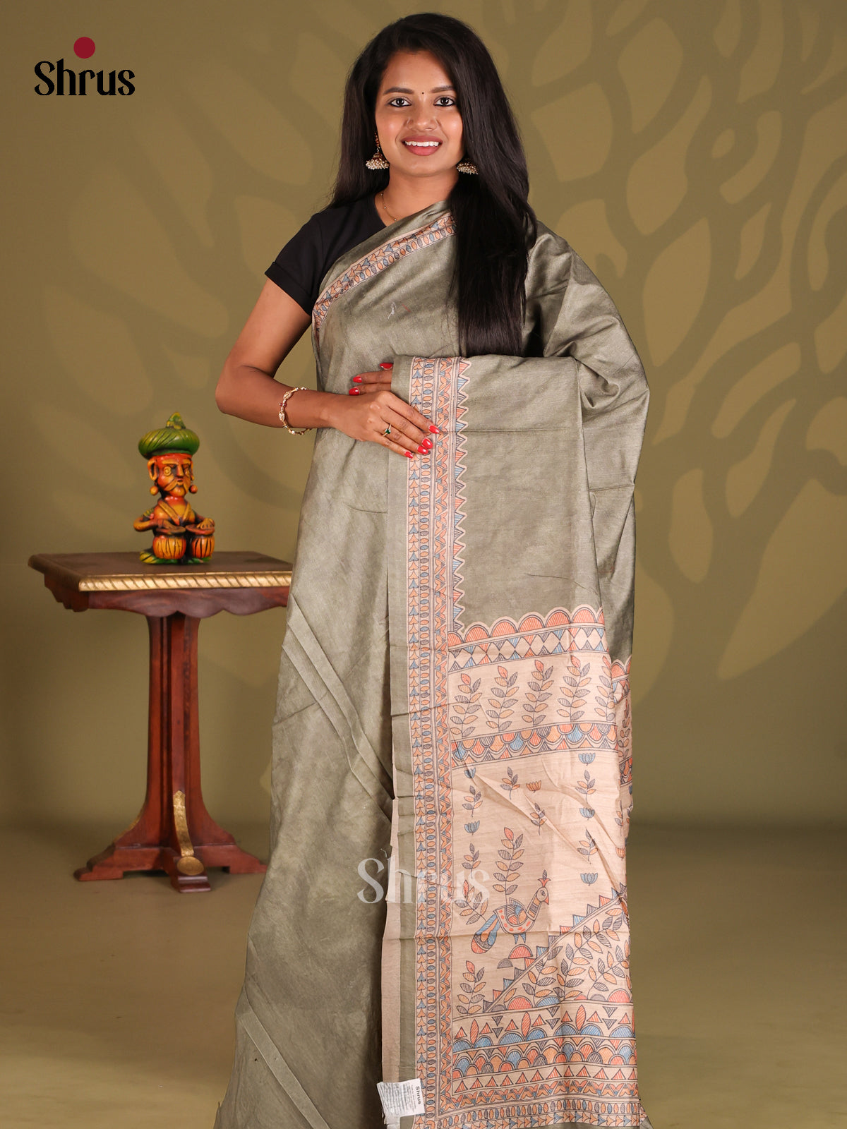 Grey Green & Cream- Printed Madhubani Saree - Shop on Shrus.com