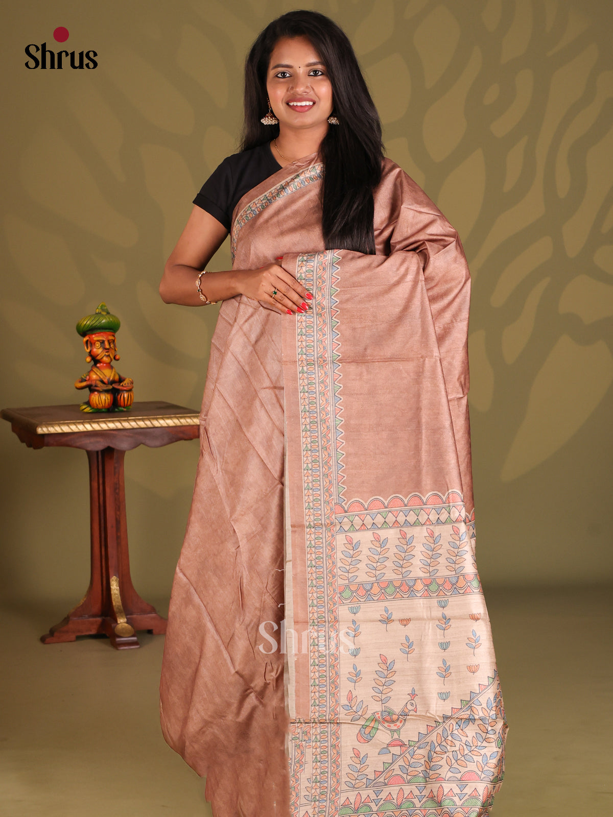 Dusty Brown & Cream - Printed Madhubani Saree - Shop on Shrus.com