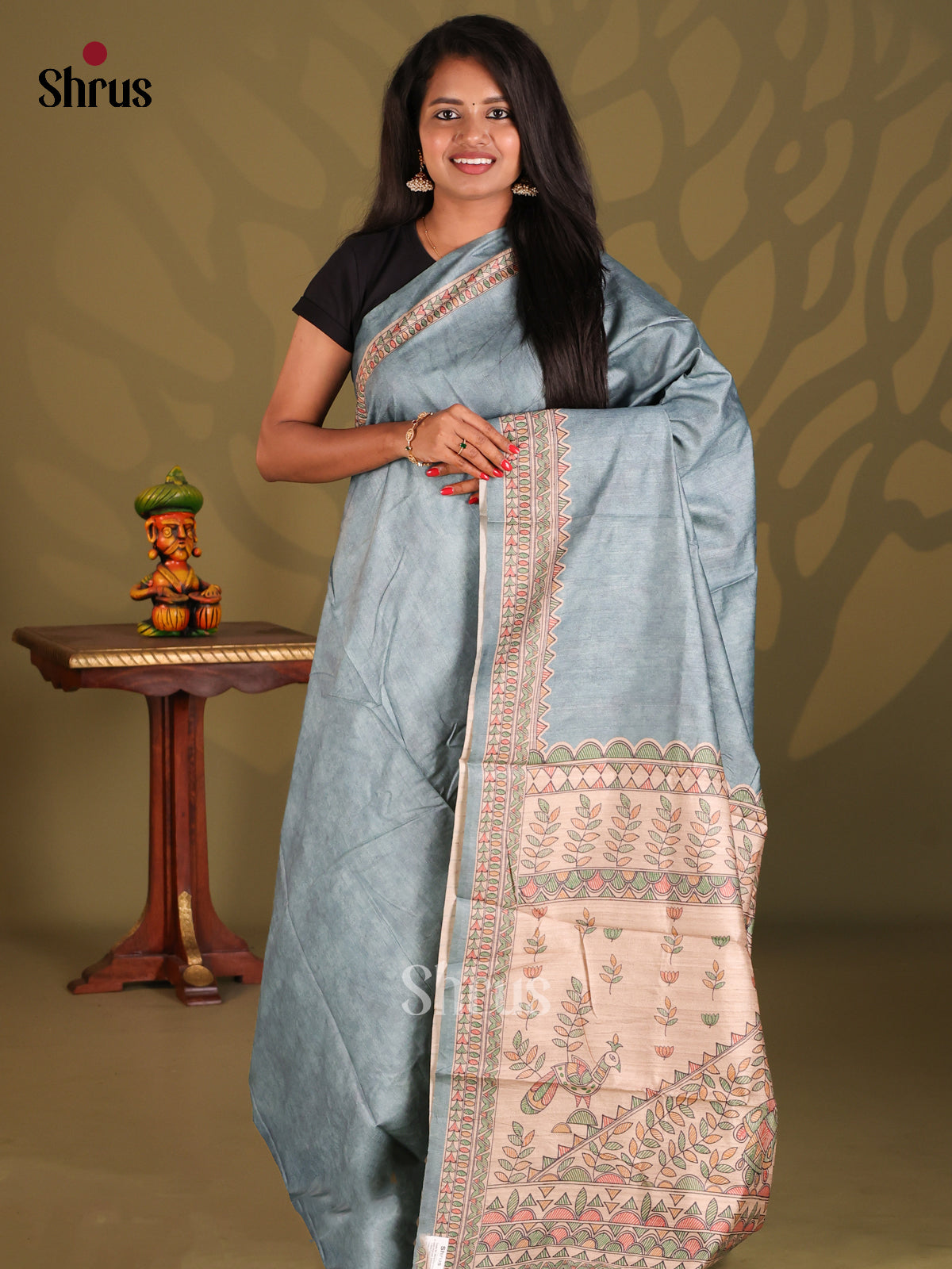 Blue & Cream- Printed Madhubani Saree - Shop on Shrus.com