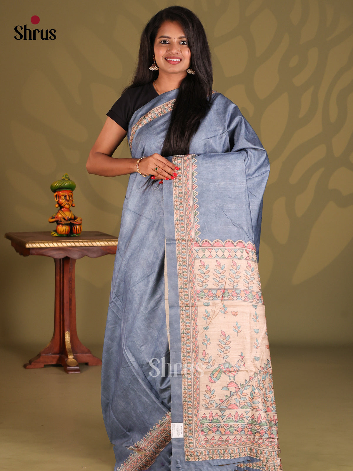 Blue & Cream - Printed Madhubani Saree - Shop on Shrus.com