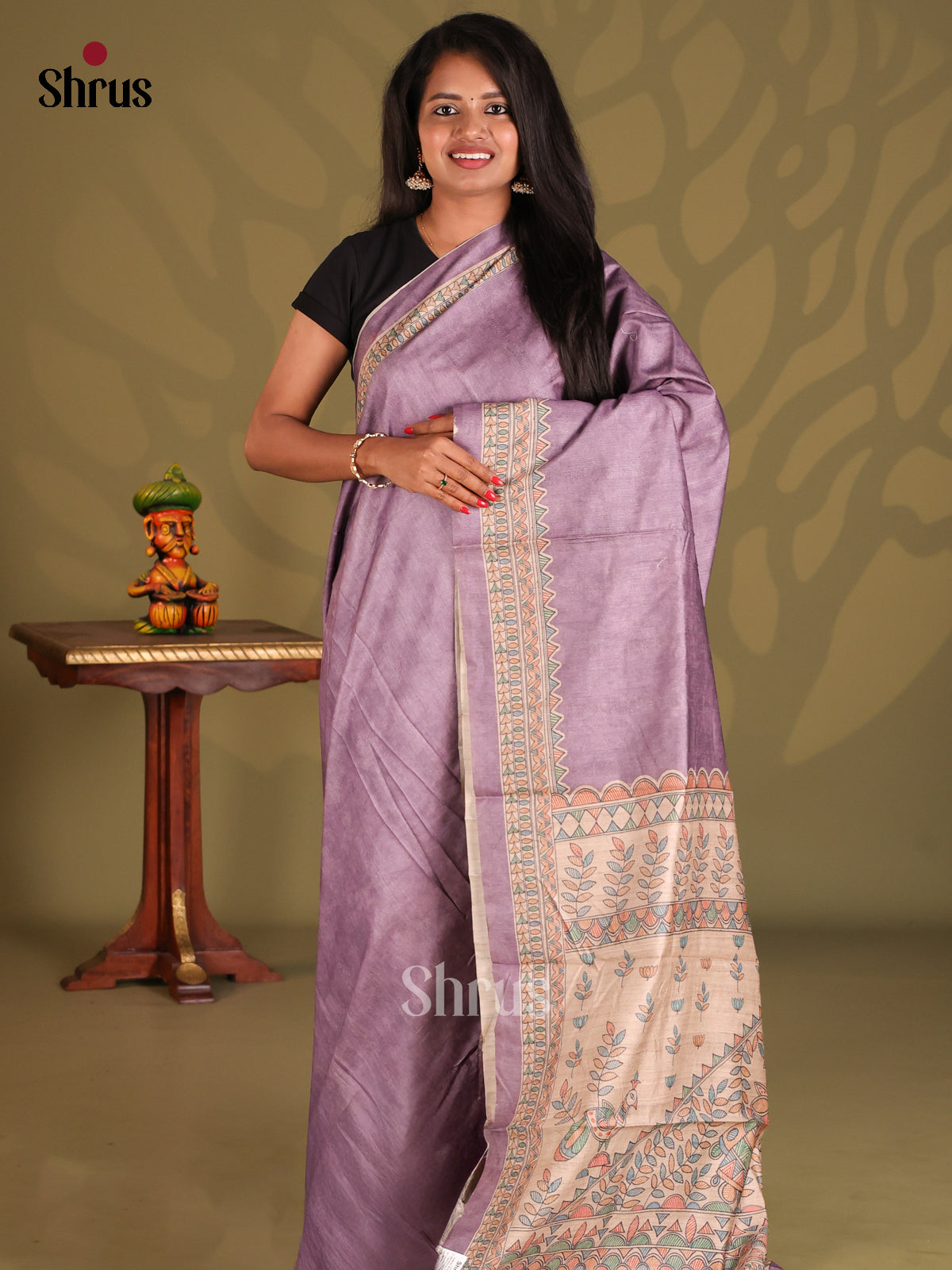 Lavender & Cream- Printed Madhubani Saree - Shop on Shrus.com
