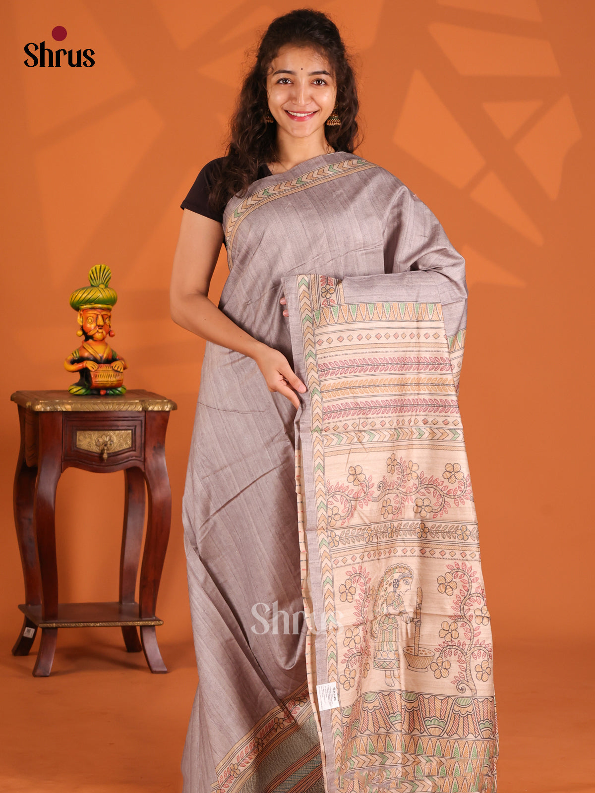 Grey & Cream- Printed Madhubani Saree - Shop on Shrus.com