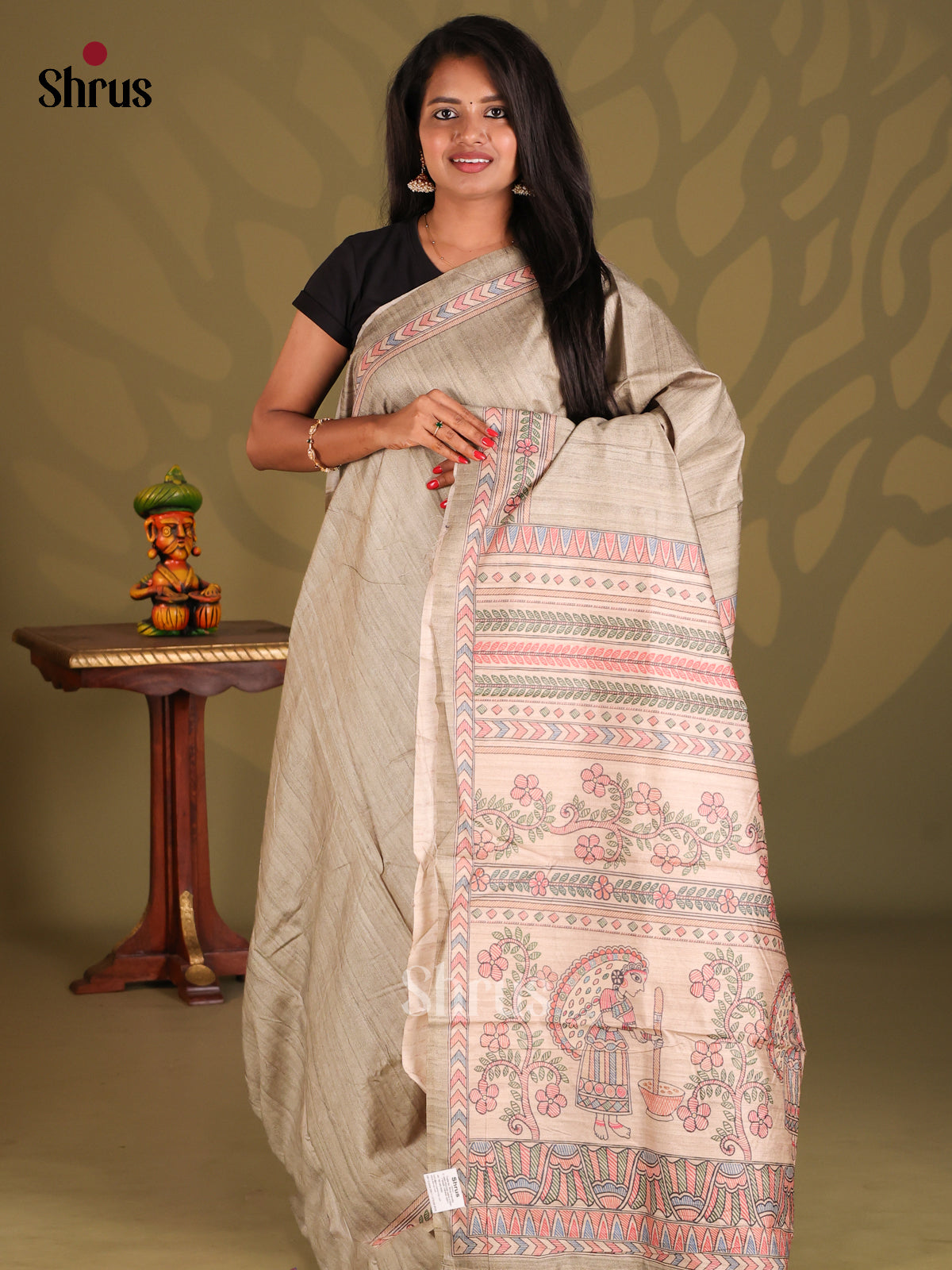 Grey & Cream - Printed Madhubani Saree - Shop on Shrus.com