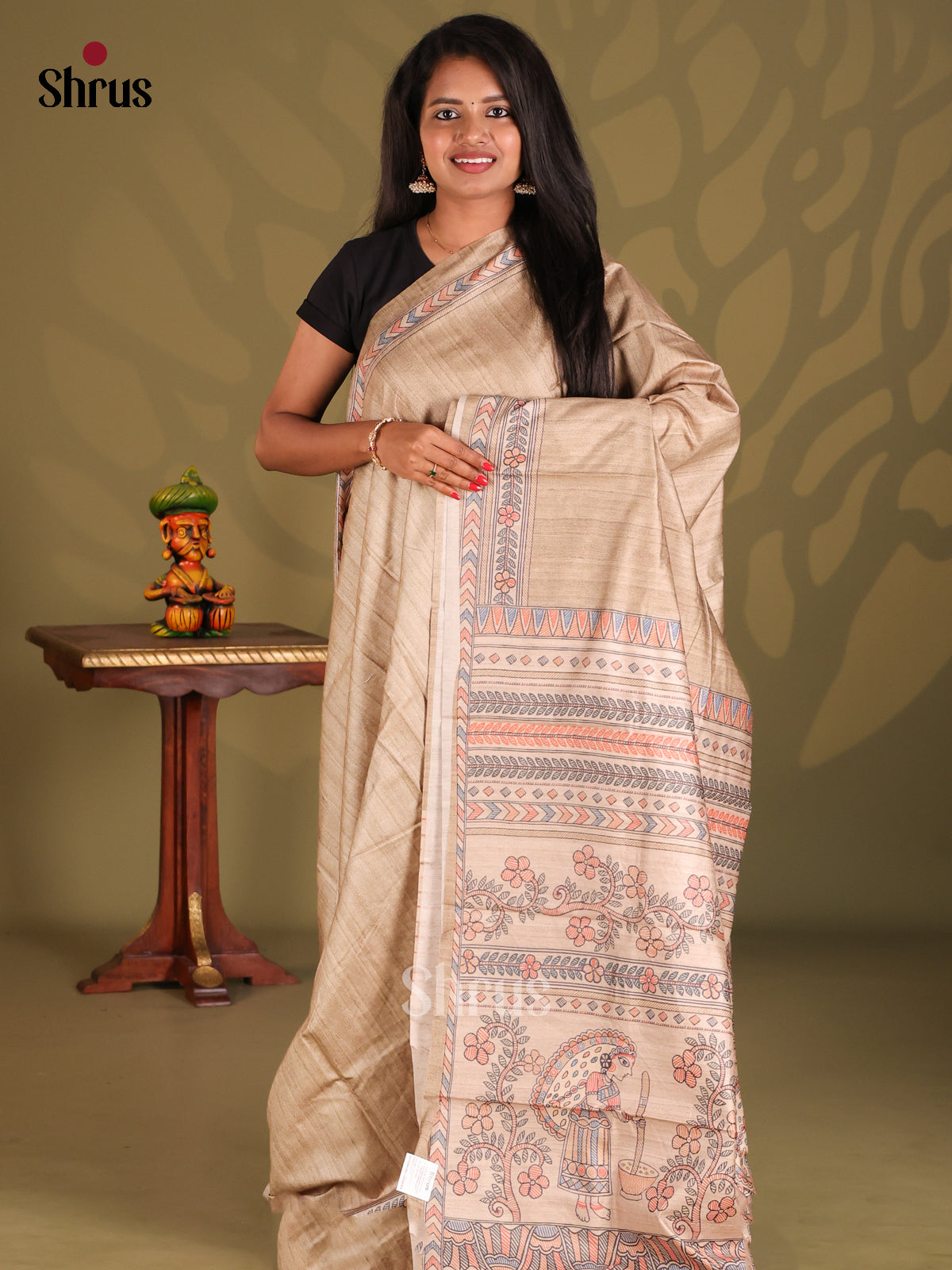 Cream - Printed Madhubani Saree - Shop on Shrus.com