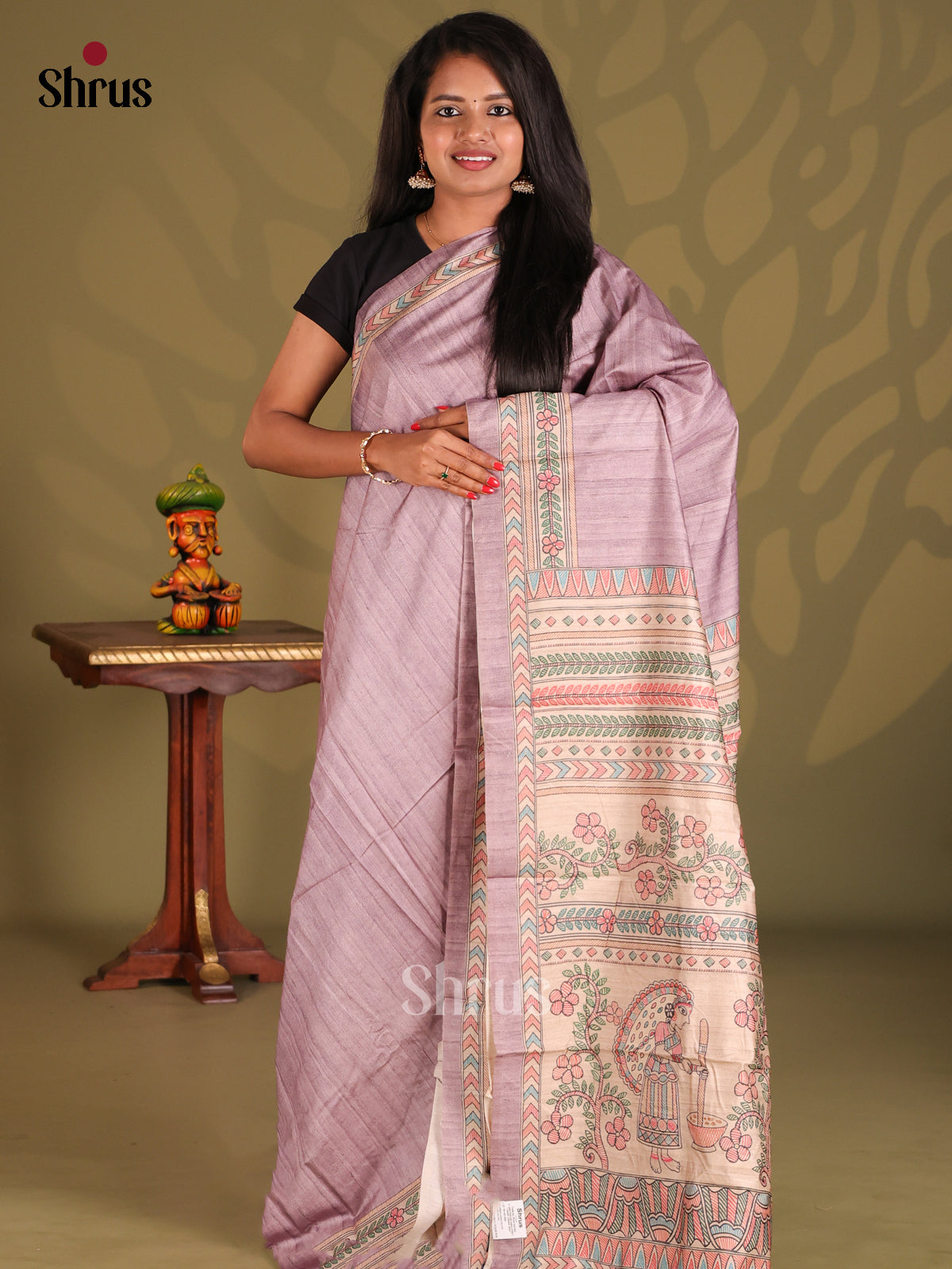 Lavender & Cream- Printed Madhubani Saree - Shop on Shrus.com