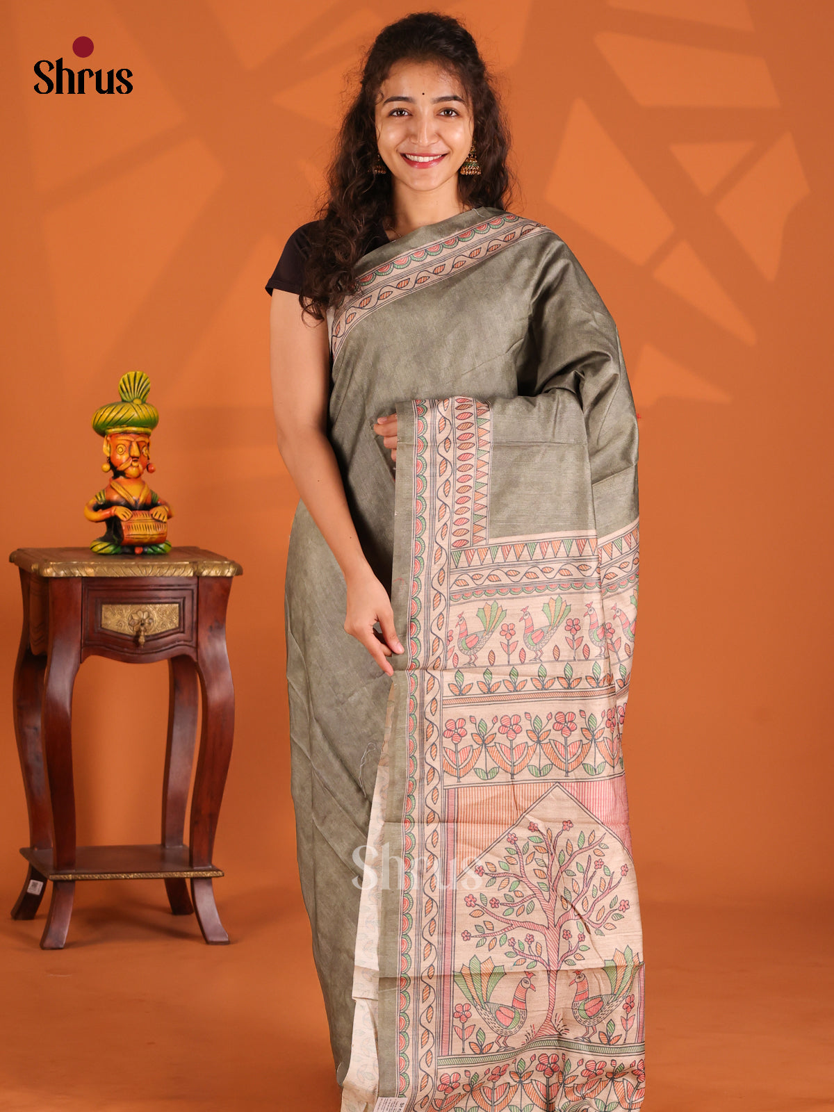 Grey & Cream- Printed Madhubani Saree - Shop on Shrus.com