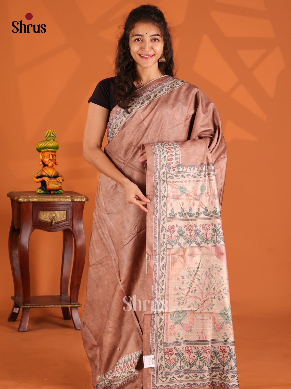 Brown & Cream - Printed Madhubani Saree - Shop on Shrus.com