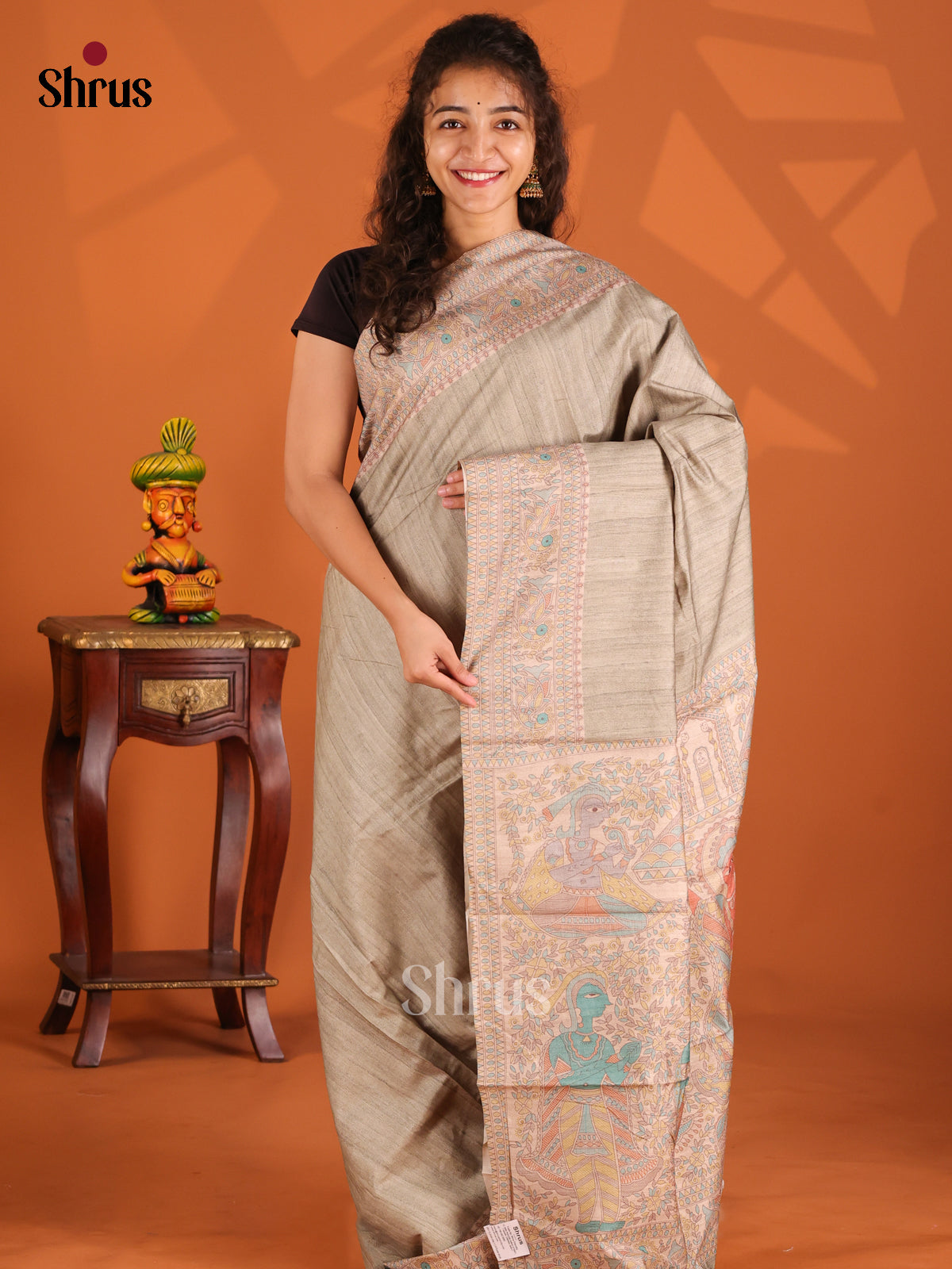 Grey & Cream - Printed Madhubani Saree - Shop on Shrus.com