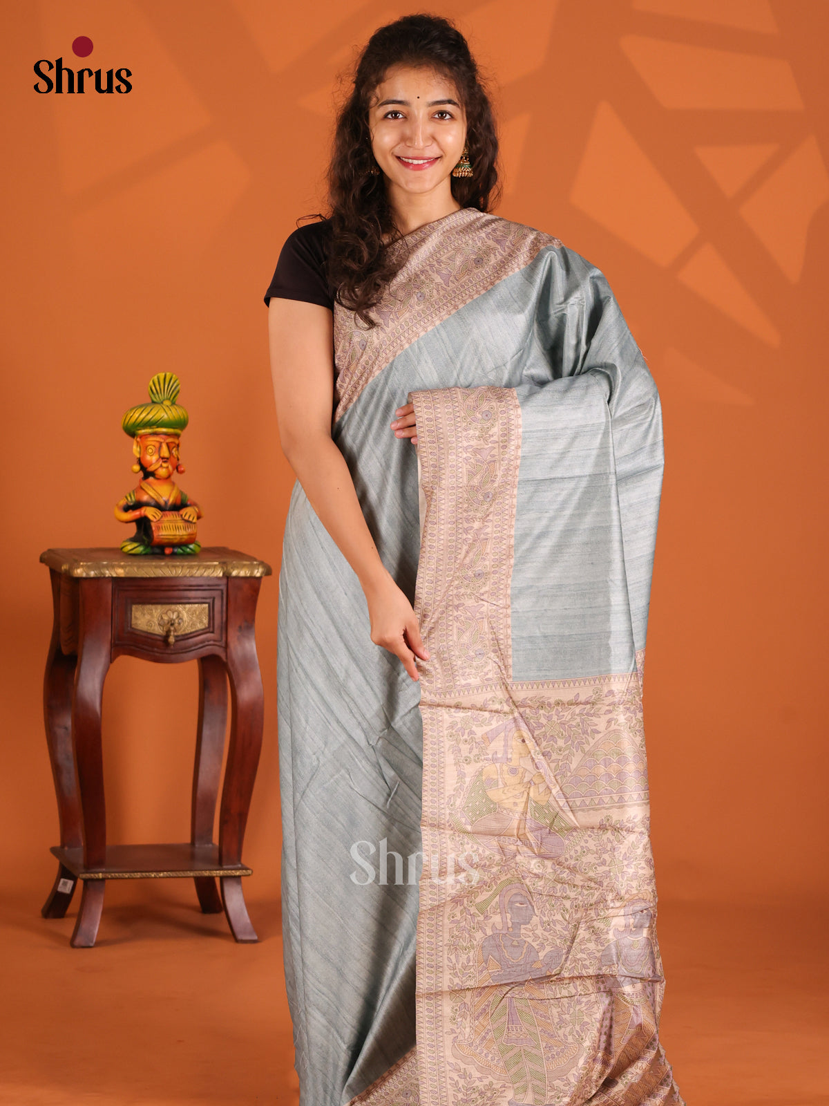 Grey & Cream- Printed Madhubani Saree - Shop on Shrus.com