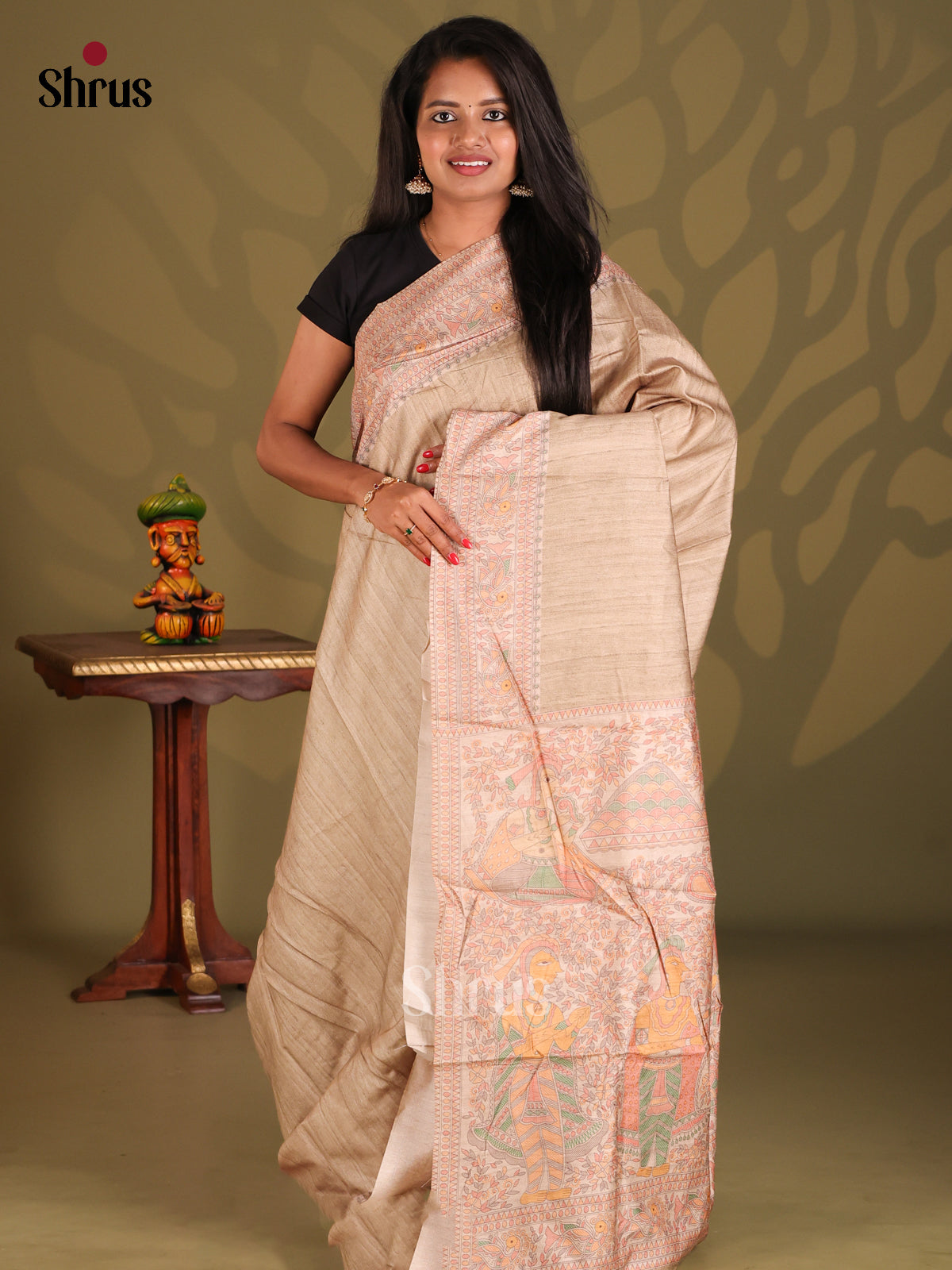 Cream- Printed Madhubani Saree - Shop on Shrus.com