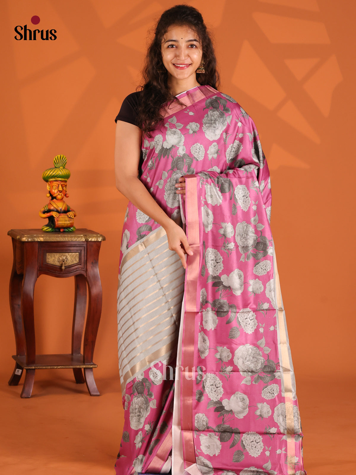Grey & Pink- Semi Matka Saree - Shop on Shrus.com