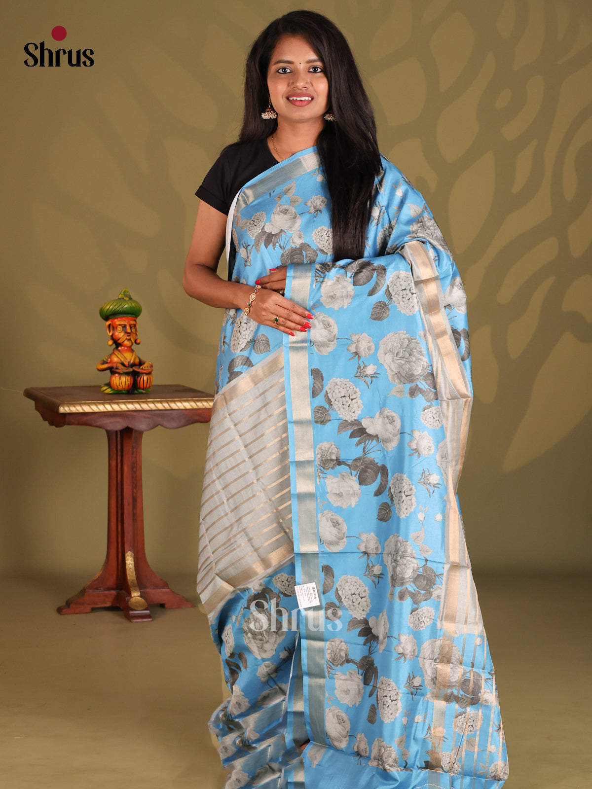 Grey & Blue- Semi Matka Saree - Shop on Shrus.com
