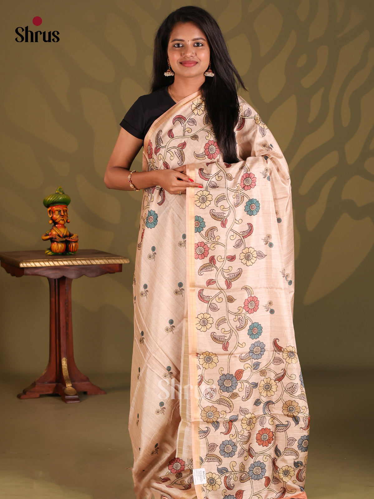 Cream & Brown - Semi Matka Saree - Shop on Shrus.com