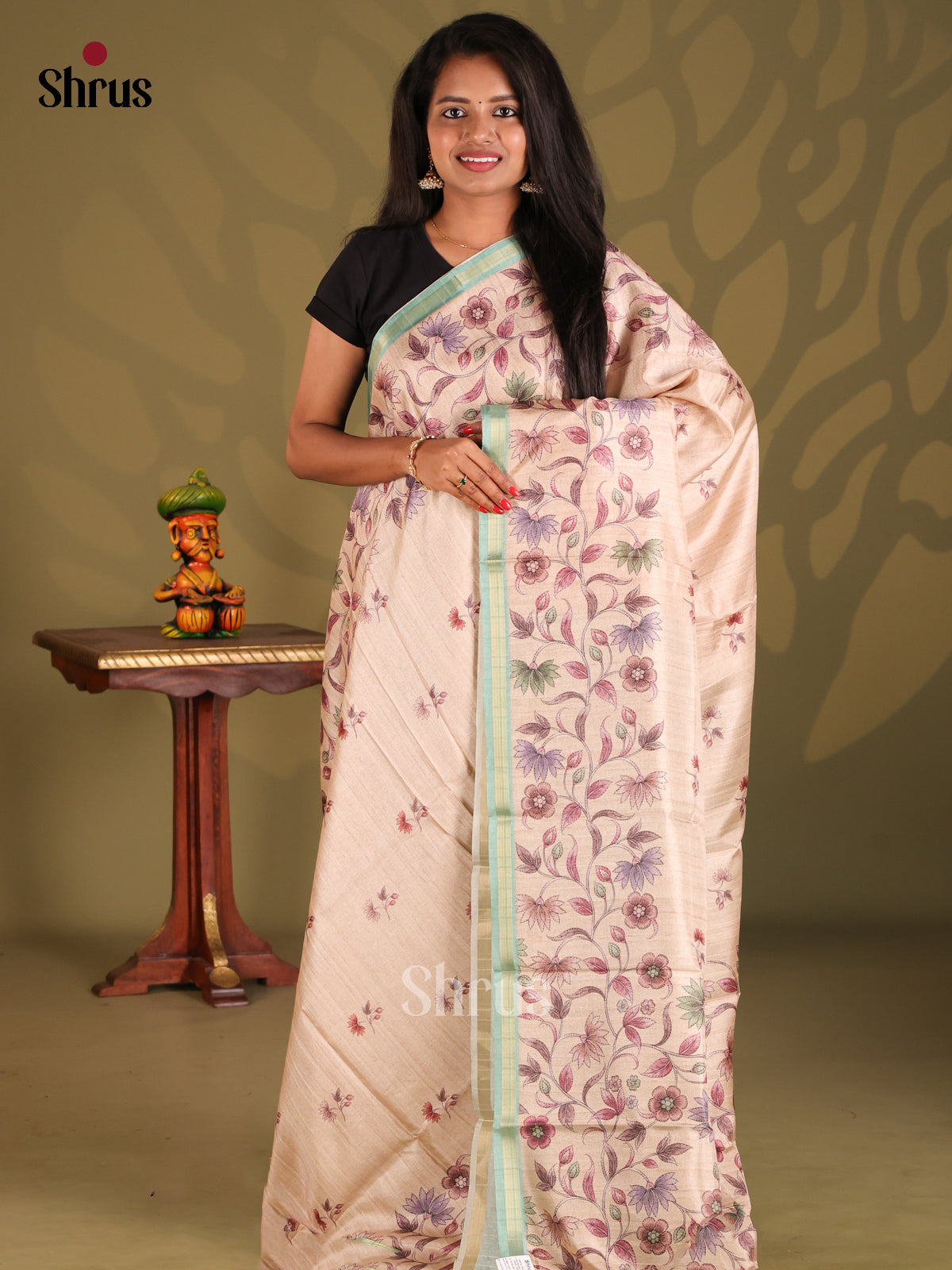 Cream & Teal- Semi Matka Saree - Shop on Shrus.com