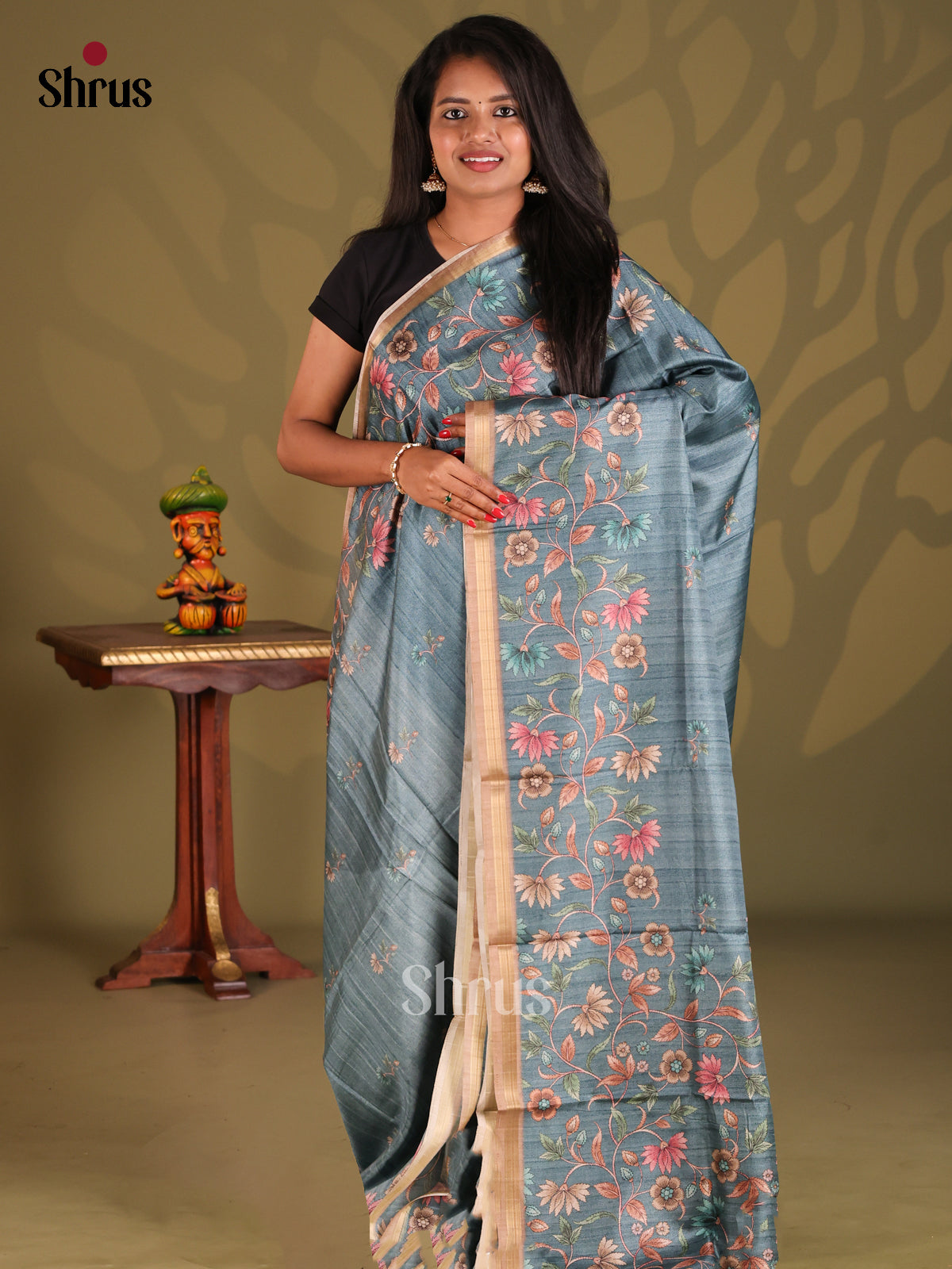 Blue & Brown- Semi Matka Saree - Shop on Shrus.com