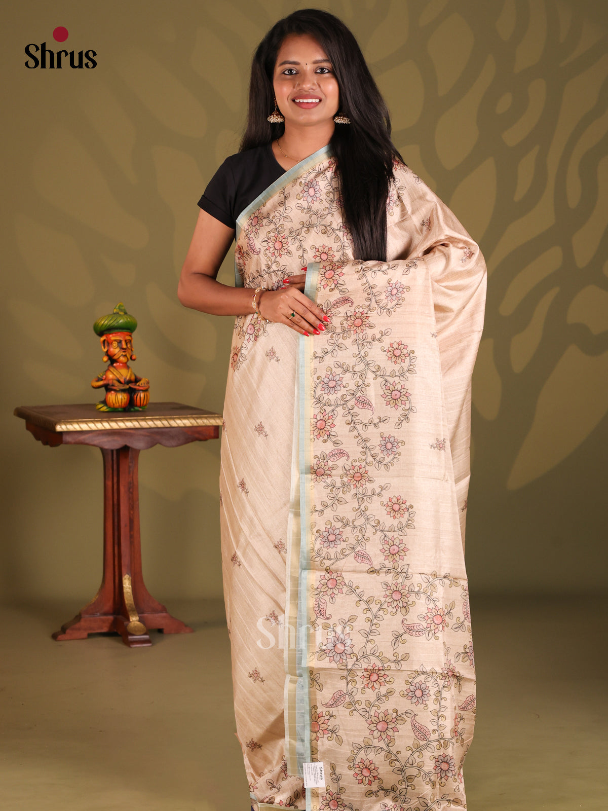 Cream & Blue- Semi Matka Saree - Shop on Shrus.com