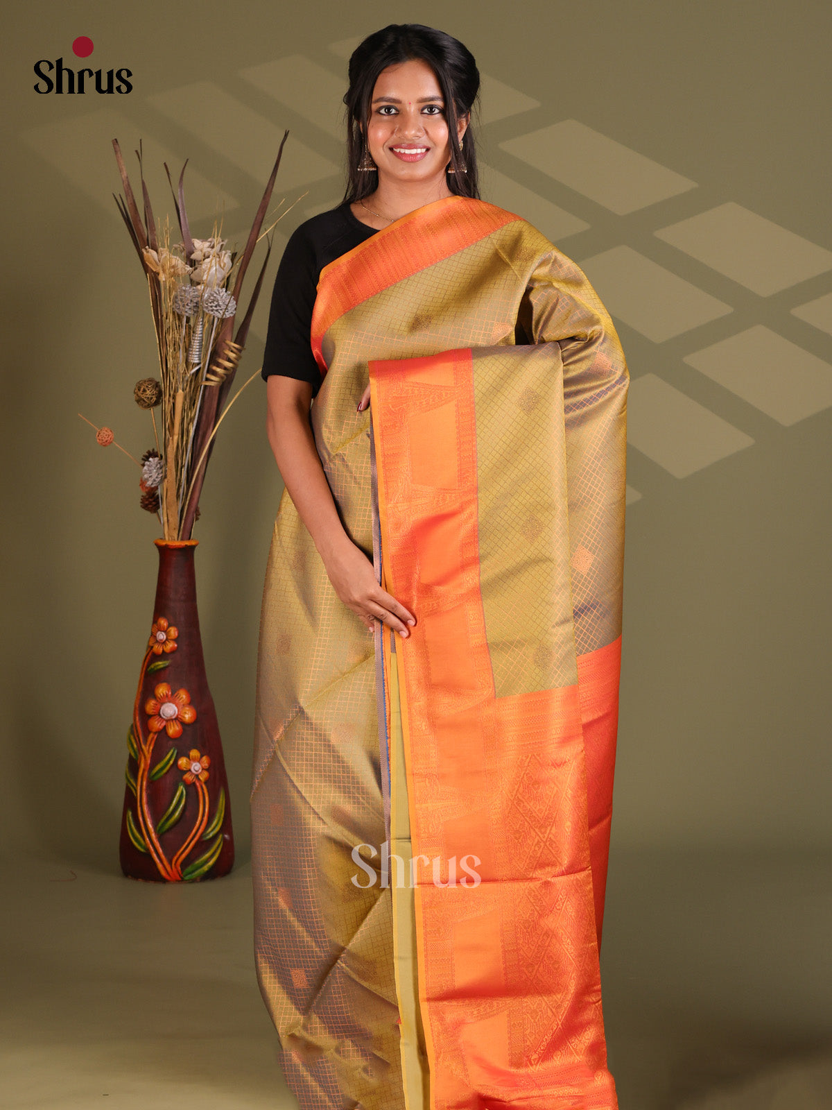 Double Shaded Green & Orange - Semi Soft Silk Saree - Shop on Shrus.com