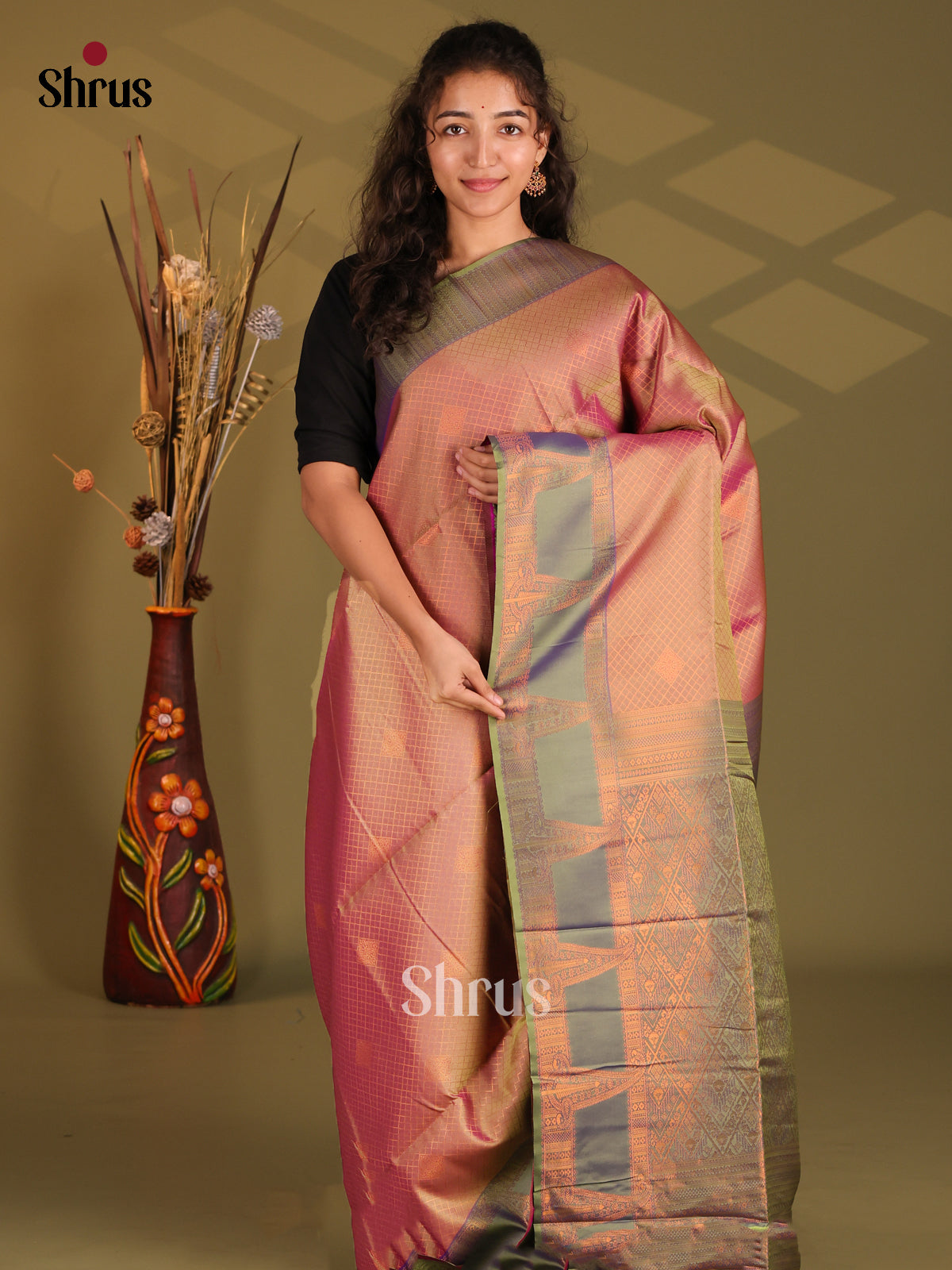 Double Shaded Orange & Green - Semi Softsilk Saree - Shop on Shrus.com