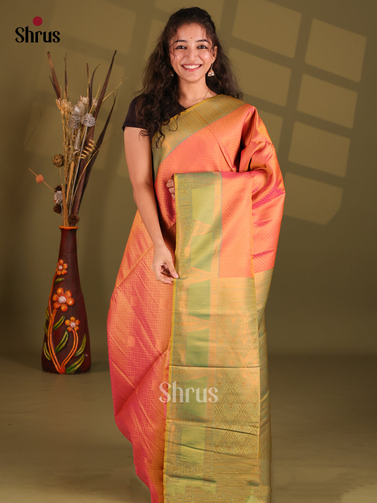 Orange & Green- Semi Softsilk Saree - Shop on Shrus.com