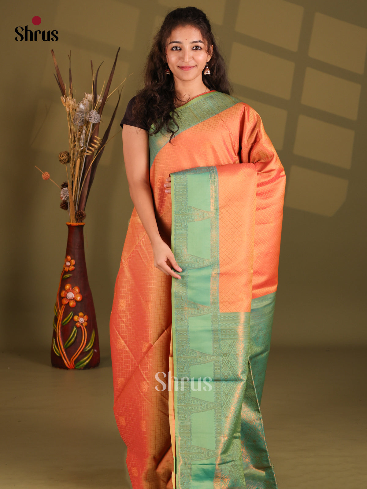 Orange & Green - Semi Softsilk Saree - Shop on Shrus.com