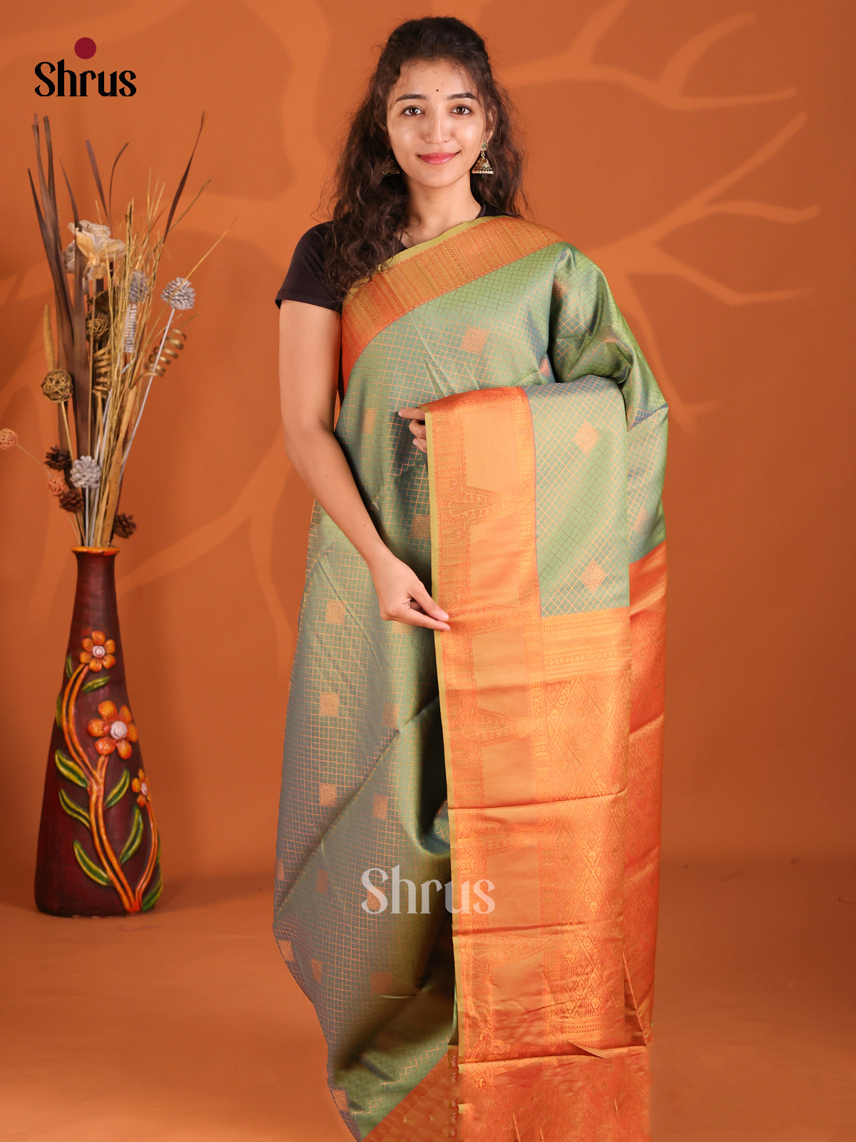 Green & Orange - Semi Softsilk Saree - Shop on Shrus.com