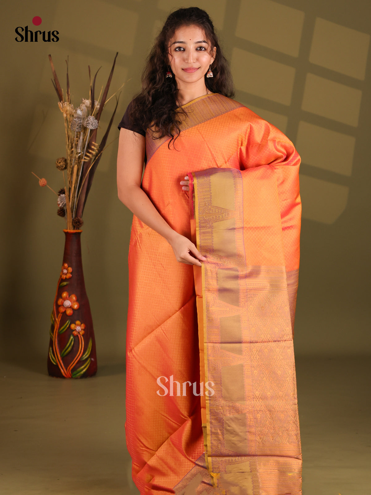Orange & Brown - Semi Softsilk Saree - Shop on Shrus.com