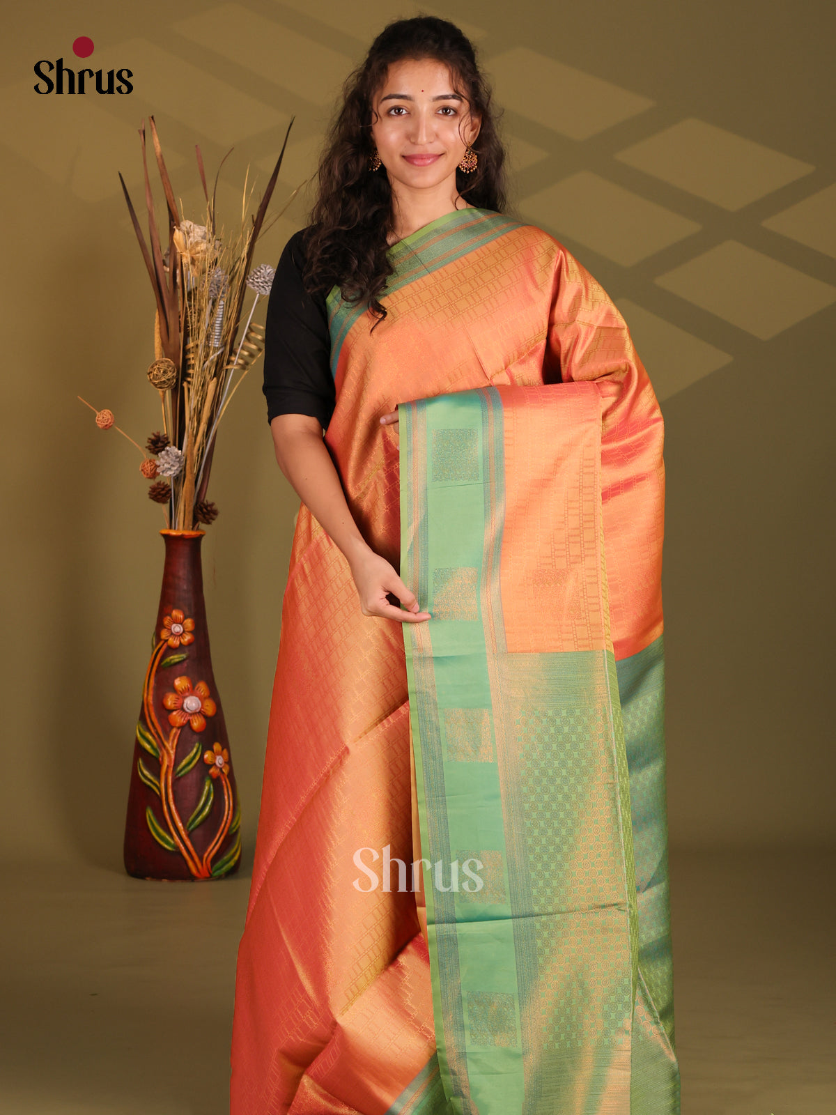 Orange & Green- Semi Softsilk Saree - Shop on Shrus.com