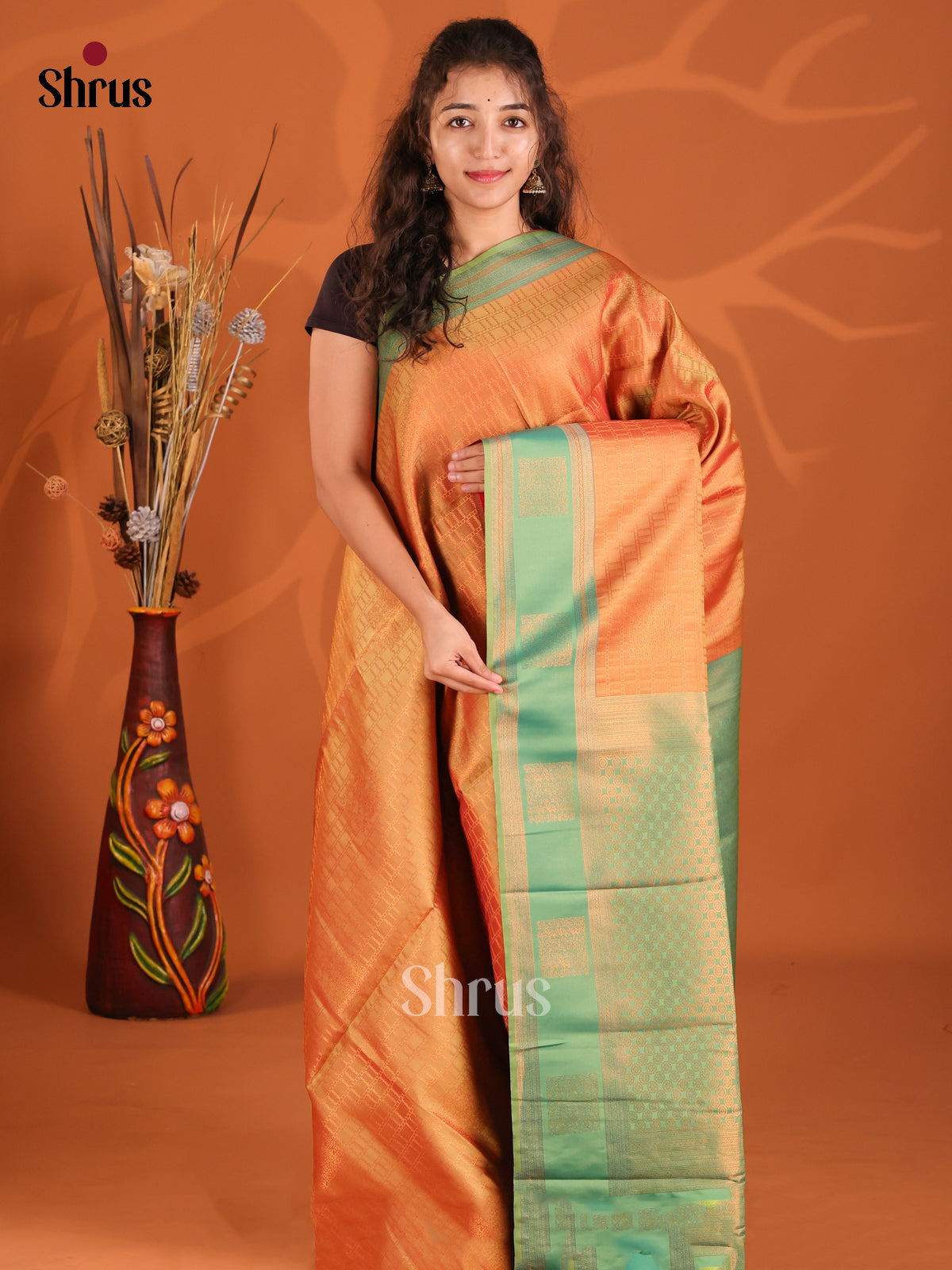 Orange & Green - Semi Softsilk saree - Shop on Shrus.com