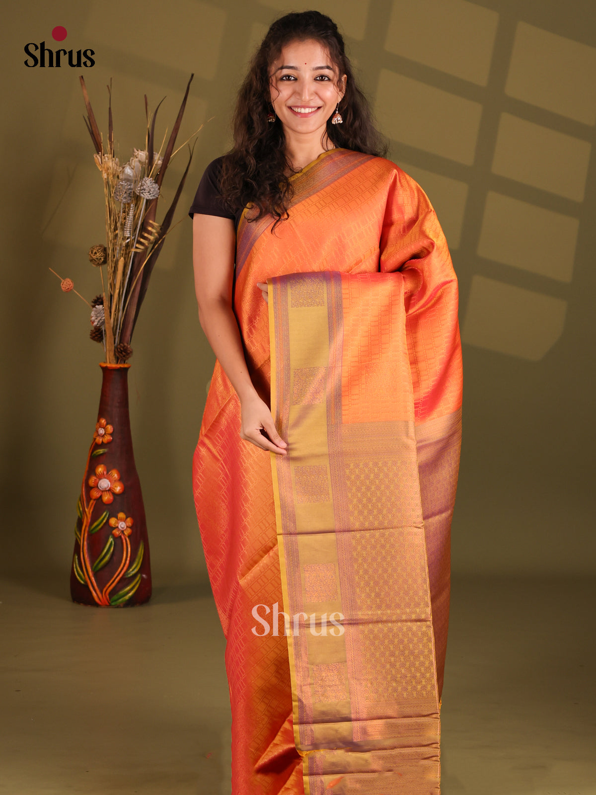 Orange & Green - Semi Softsilk Saree - Shop on Shrus.com