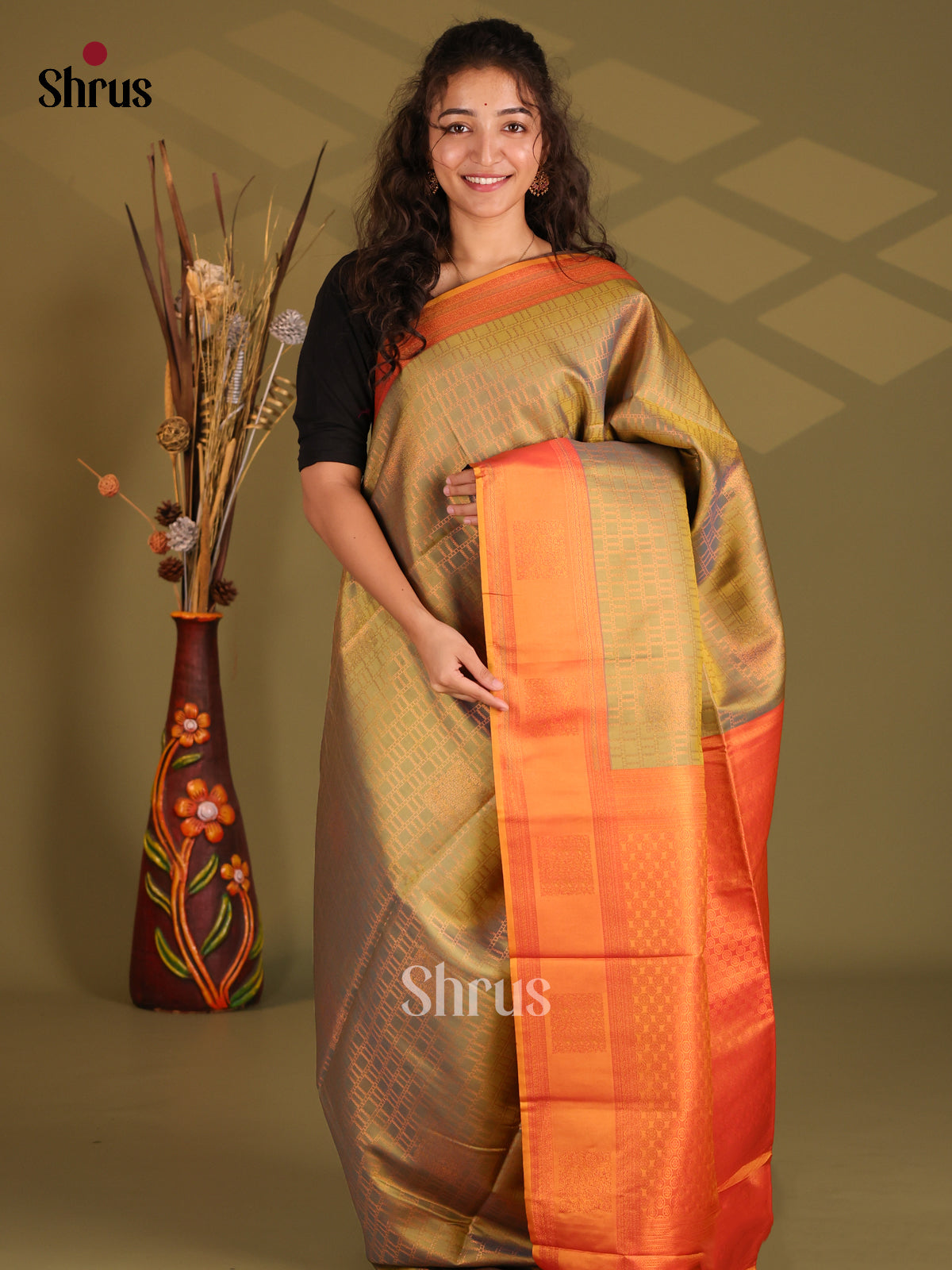 Green & Orange - Semi Softsilk Saree - Shop on Shrus.com