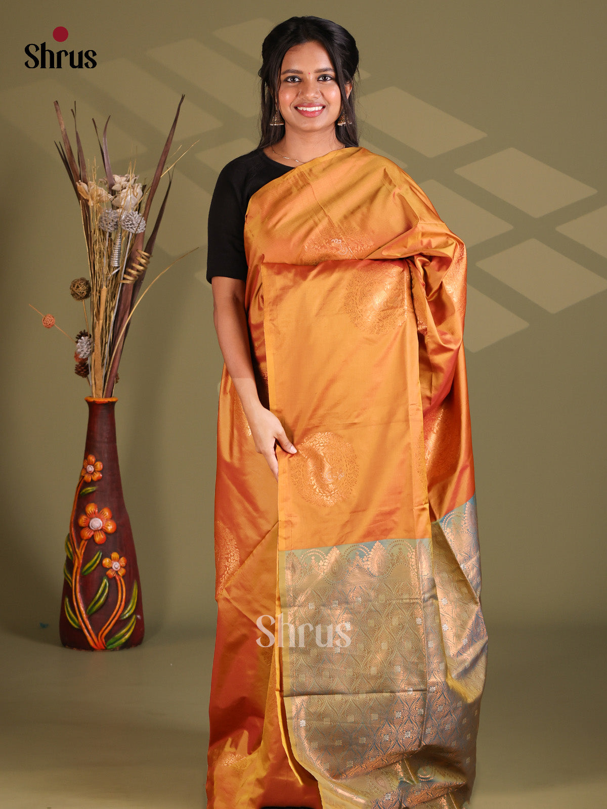 Dark Mustard & Blue - Semi Soft Silk Saree - Shop on Shrus.com