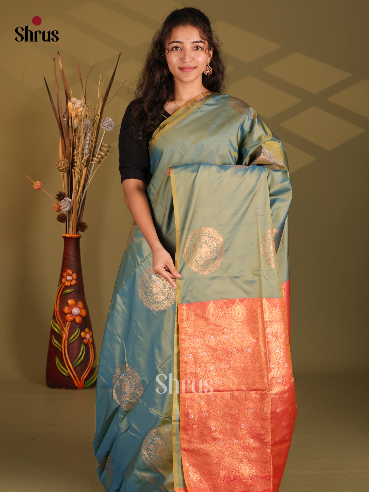 Double Shaded Green & Orange - Semi Softsilk Saree - Shop on Shrus.com
