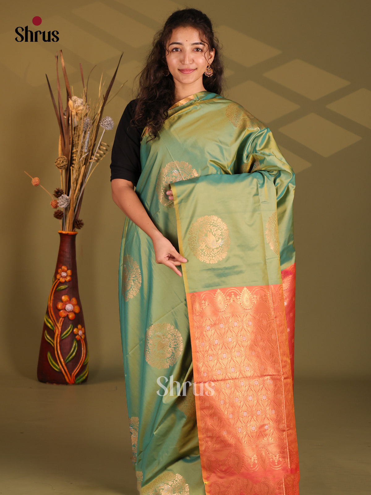 Green & Orange - Semi Softsilk Saree - Shop on Shrus.com
