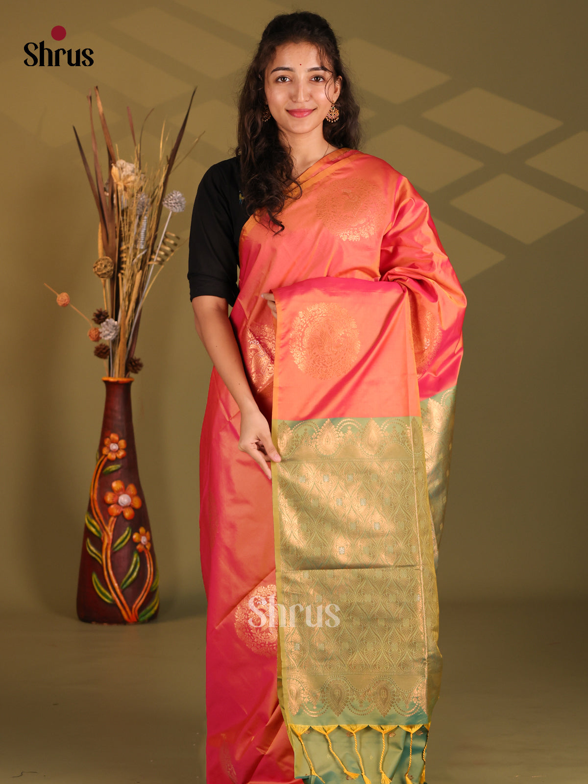 Orange & Green- Semi Softsilk Saree - Shop on Shrus.com