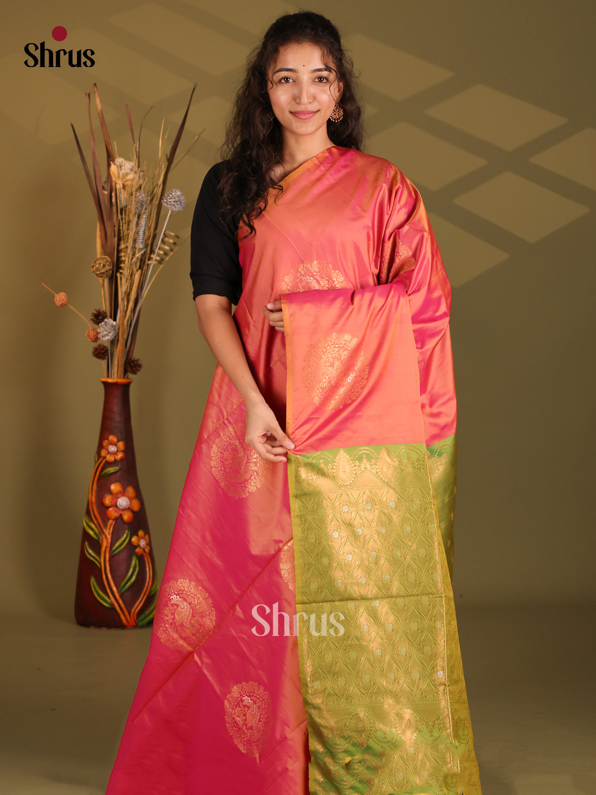 Orangish Pink & Green- Semi Softsilk Saree - Shop on Shrus.com