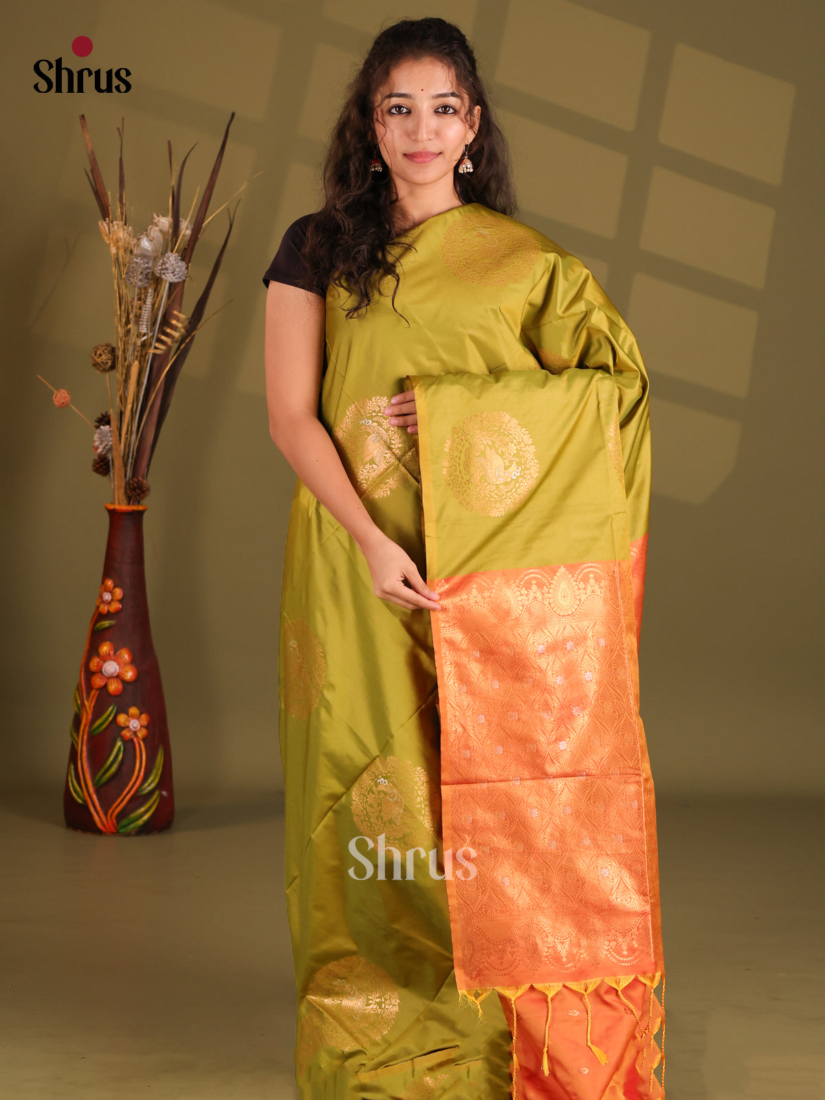 Light Green & Orange- Semi Softsilk Saree - Shop on Shrus.com